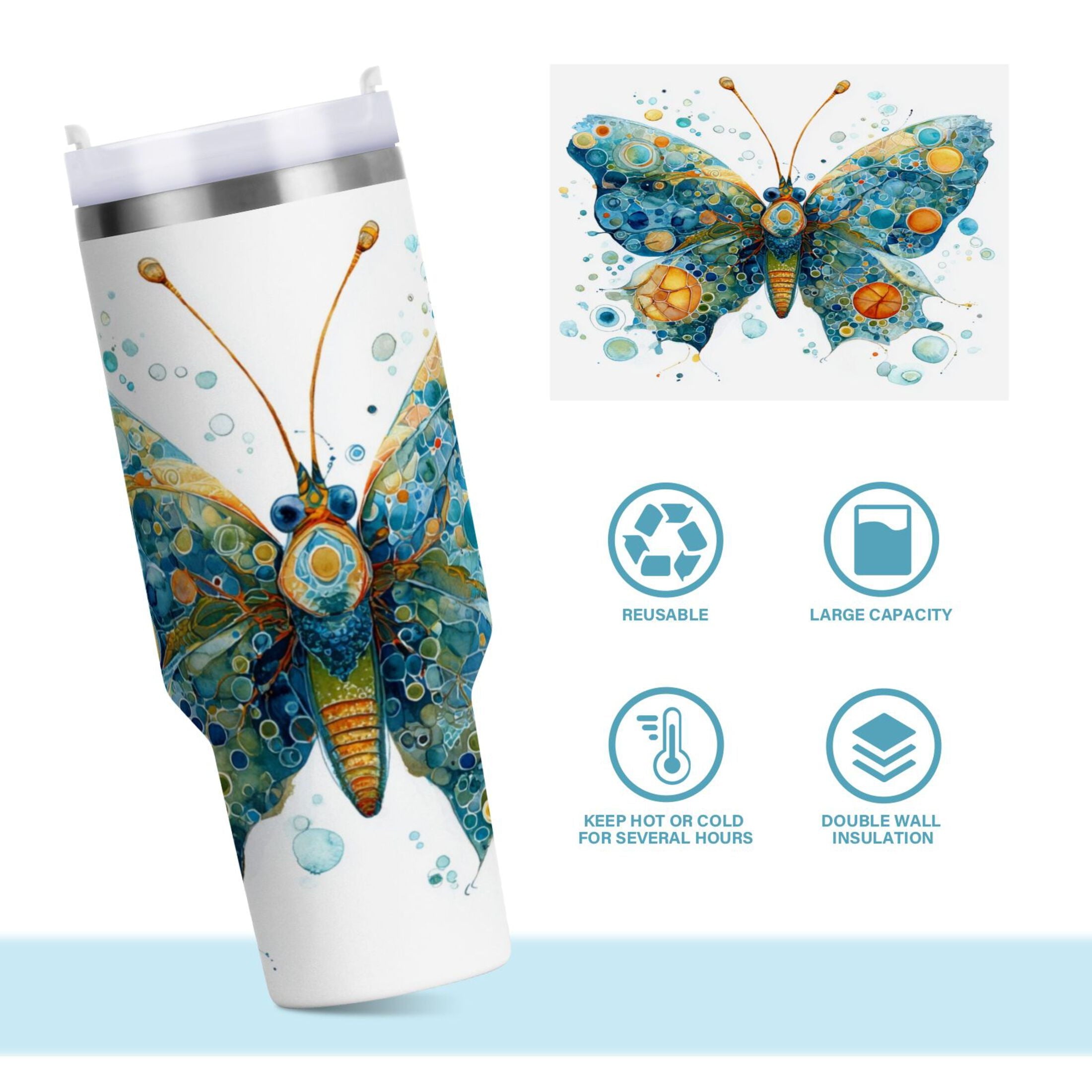 40 oz Insulated Stainless Steel Tumbler Double Wall Stainless Steel Tumbler with 2-Way Drinking Intricately Butterfly - Choice 662