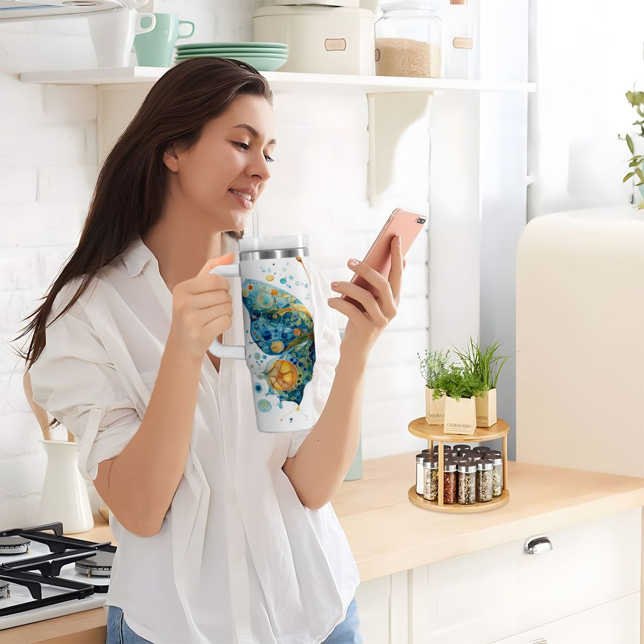40 oz Insulated Stainless Steel Tumbler Double Wall Stainless Steel Tumbler with 2-Way Drinking Intricately Butterfly - Choice 662