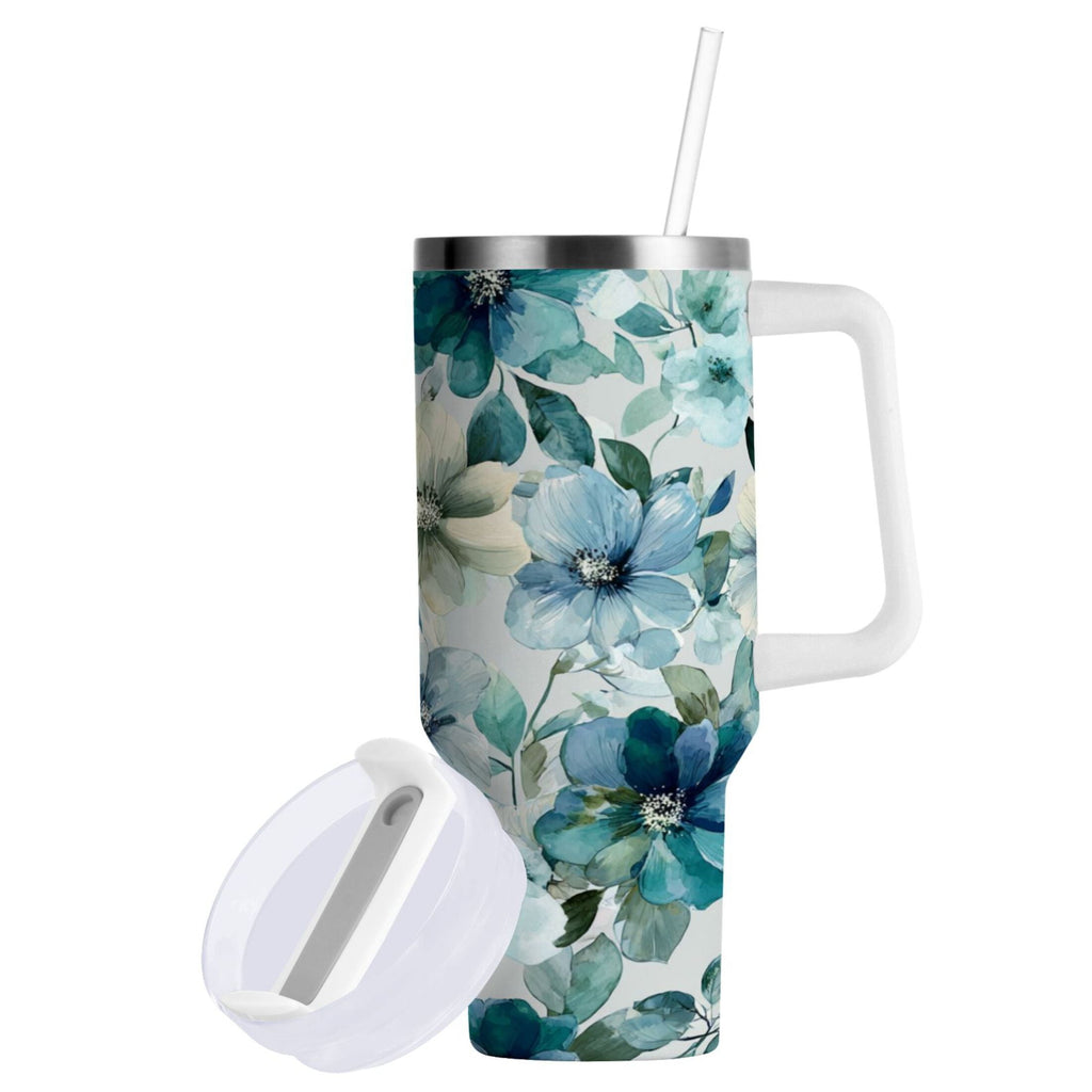 30 oz Insulated Stainless Steel Tumbler Double Wall Stainless Steel Tumbler with 2-Way Drinking Blue and Green Flowers - Choice 684