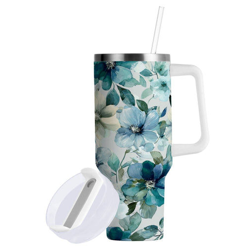 30 oz Insulated Stainless Steel Tumbler Double Wall Stainless Steel Tumbler with 2-Way Drinking Blue and Green Flowers - Choice 684