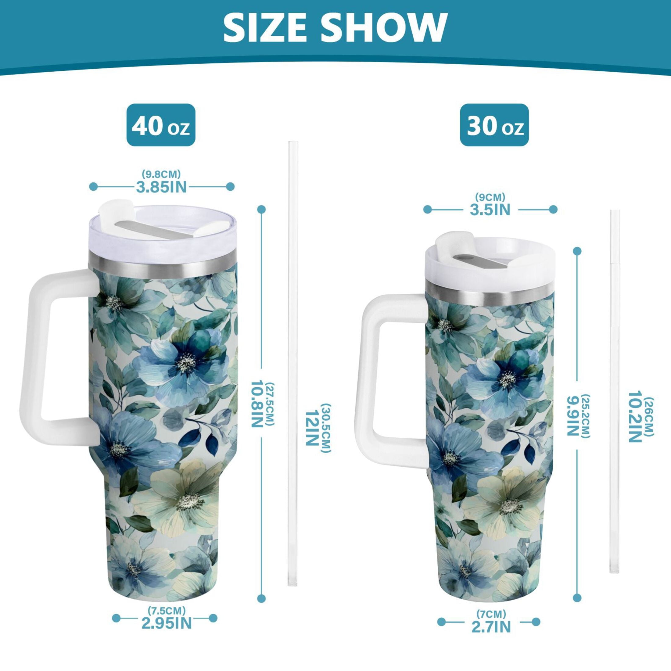 30 oz Insulated Stainless Steel Tumbler Double Wall Stainless Steel Tumbler with 2-Way Drinking Blue and Green Flowers - Choice 684