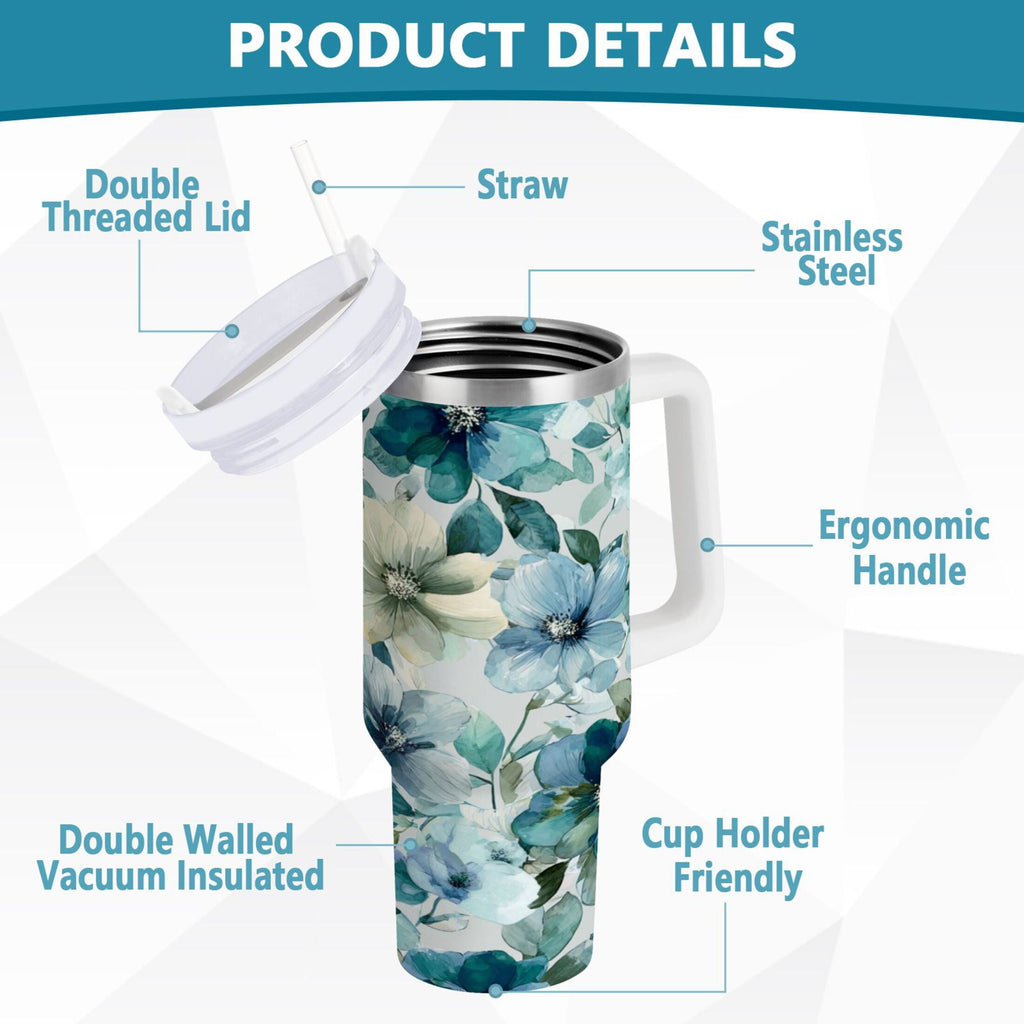 30 oz Insulated Stainless Steel Tumbler Double Wall Stainless Steel Tumbler with 2-Way Drinking Blue and Green Flowers - Choice 684