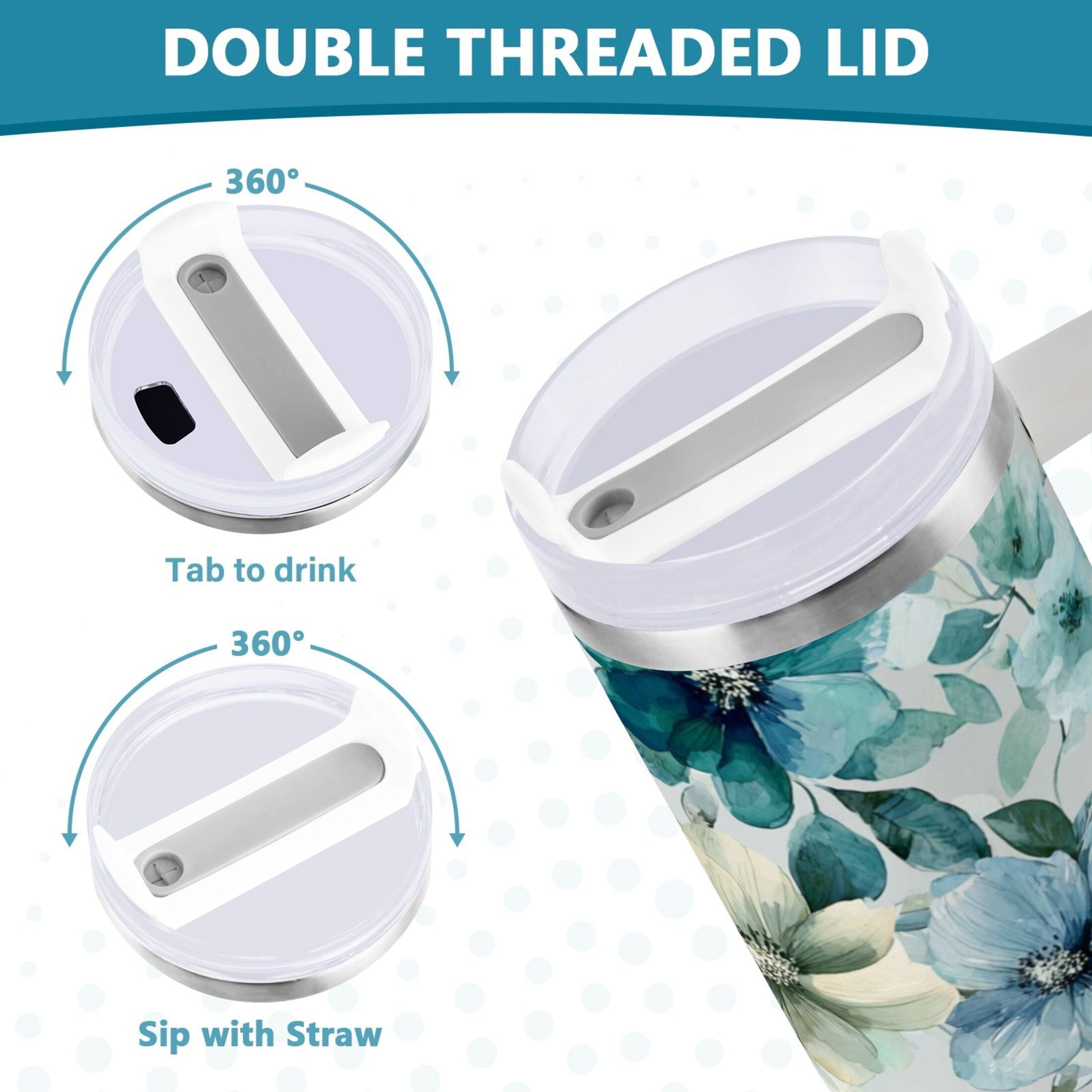 30 oz Insulated Stainless Steel Tumbler Double Wall Stainless Steel Tumbler with 2-Way Drinking Blue and Green Flowers - Choice 684