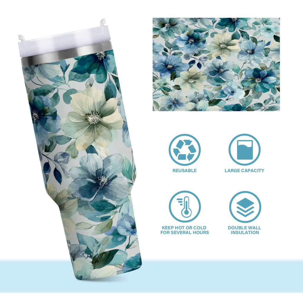 30 oz Insulated Stainless Steel Tumbler Double Wall Stainless Steel Tumbler with 2-Way Drinking Blue and Green Flowers - Choice 684