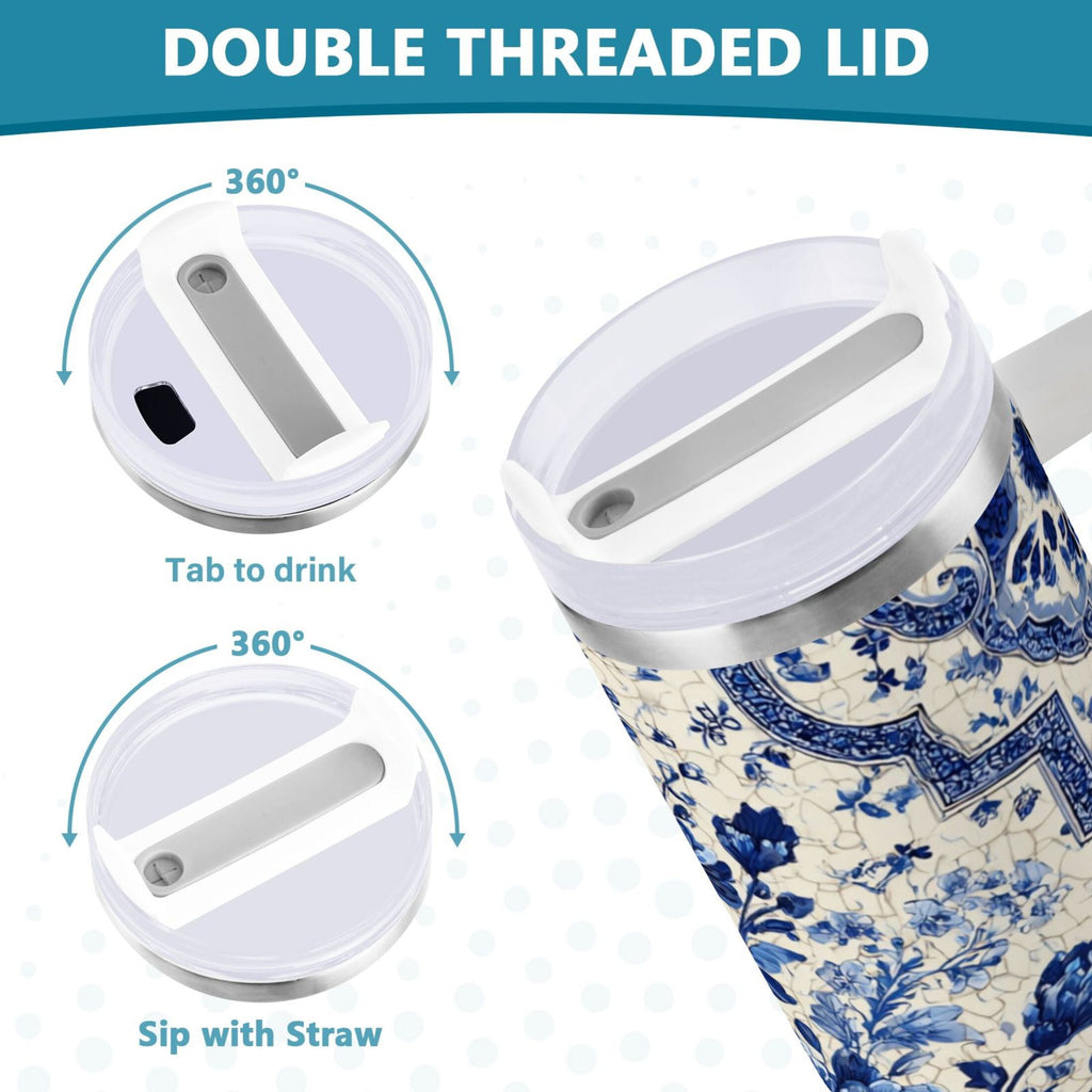 30 oz Insulated Stainless Steel Tumbler Double Wall Stainless Steel Tumbler with 2-Way Drinking Blue and White Porcelain-style - Choice 585