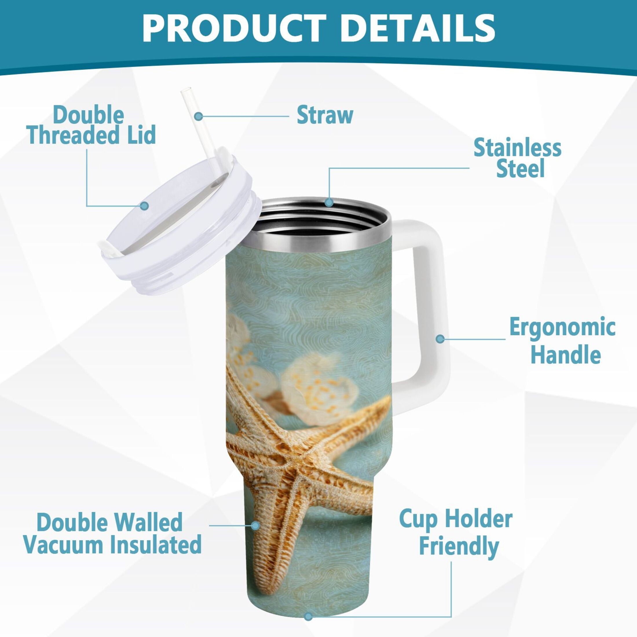 30 oz Insulated Stainless Steel Tumbler Double Wall Stainless Steel Tumbler with 2-Way Drinking Starfish with Flowers - Choice 876