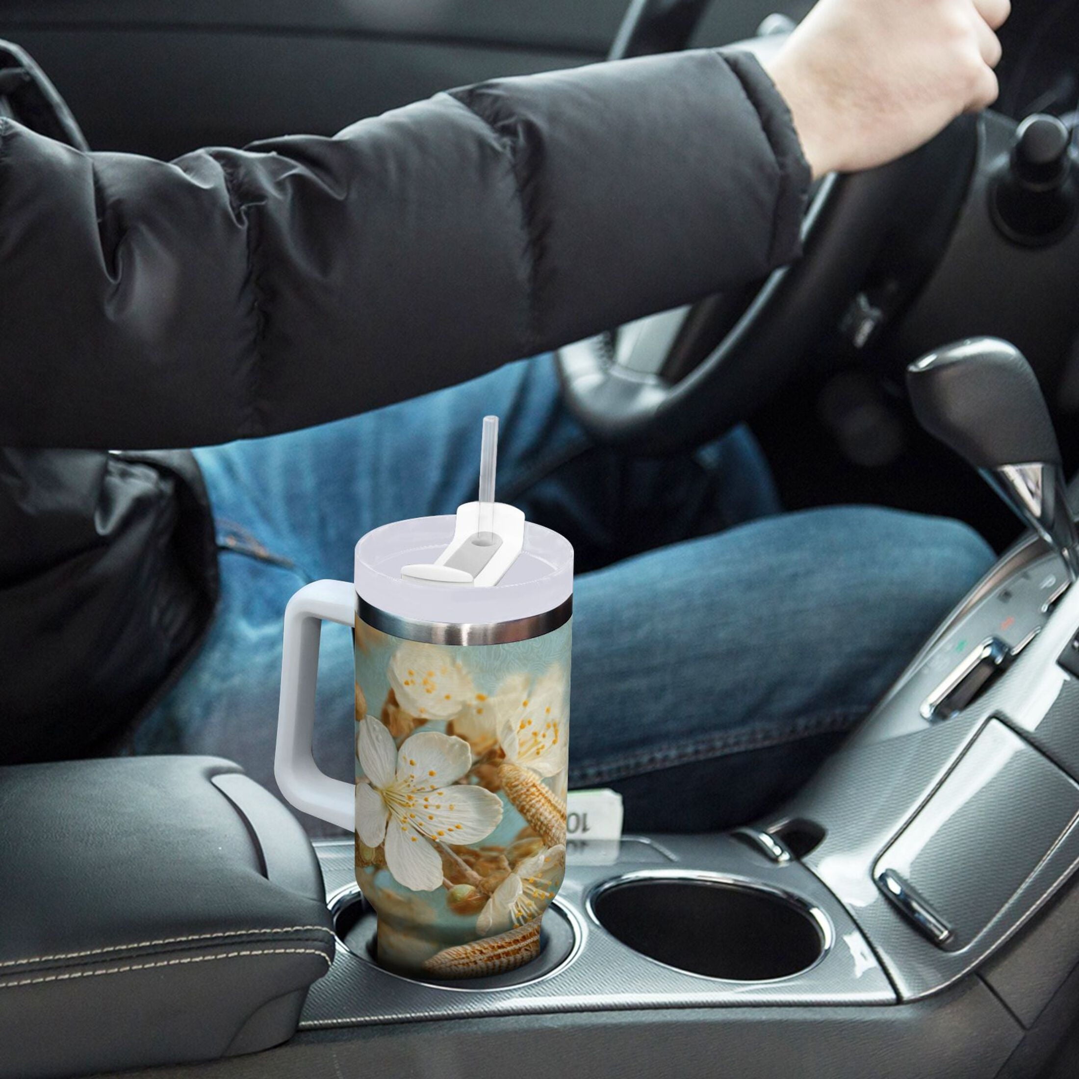 30 oz Insulated Stainless Steel Tumbler Double Wall Stainless Steel Tumbler with 2-Way Drinking Starfish with Flowers - Choice 876