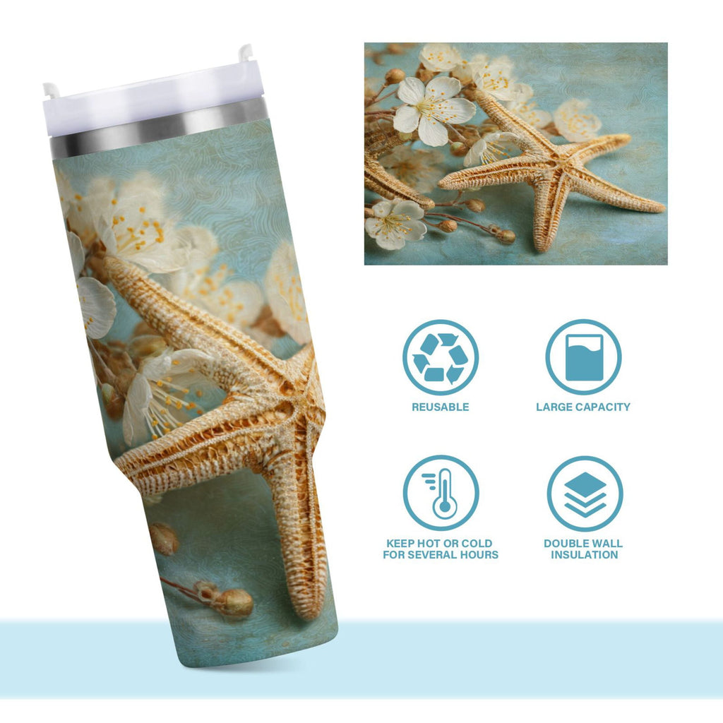 30 oz Insulated Stainless Steel Tumbler Double Wall Stainless Steel Tumbler with 2-Way Drinking Starfish with Flowers - Choice 876