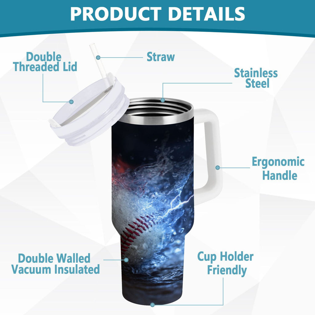 40 oz Insulated Stainless Steel Tumbler Double Wall Stainless Steel Tumbler with 2-Way Drinking Baseball with Water and Fire - Choice 196