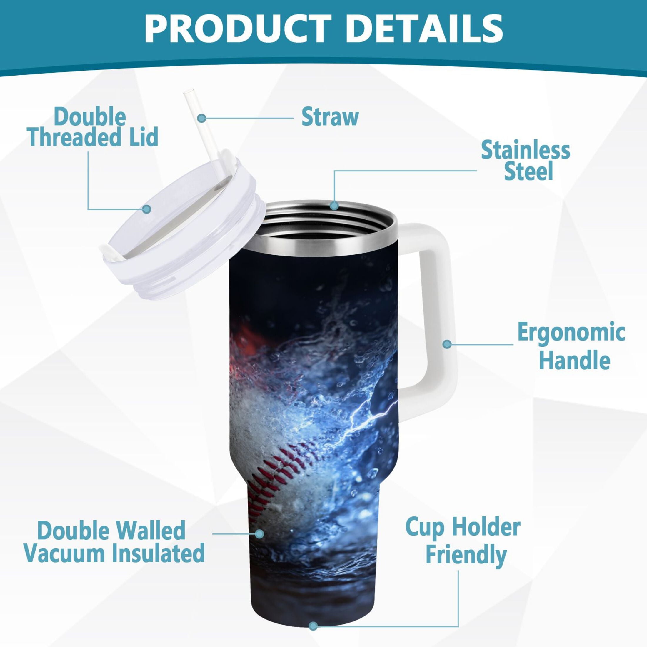 40 oz Insulated Stainless Steel Tumbler Double Wall Stainless Steel Tumbler with 2-Way Drinking Baseball with Water and Fire - Choice 196
