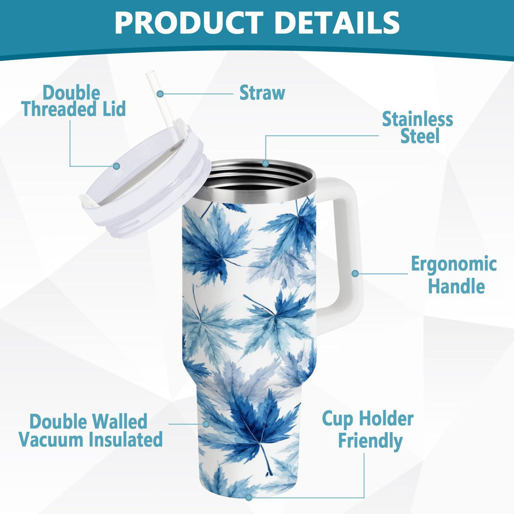 30 oz Insulated Stainless Steel Tumbler Double Wall Stainless Steel Tumbler with 2-Way Drinking Abstract Blue Maple Leaves - Choice 861