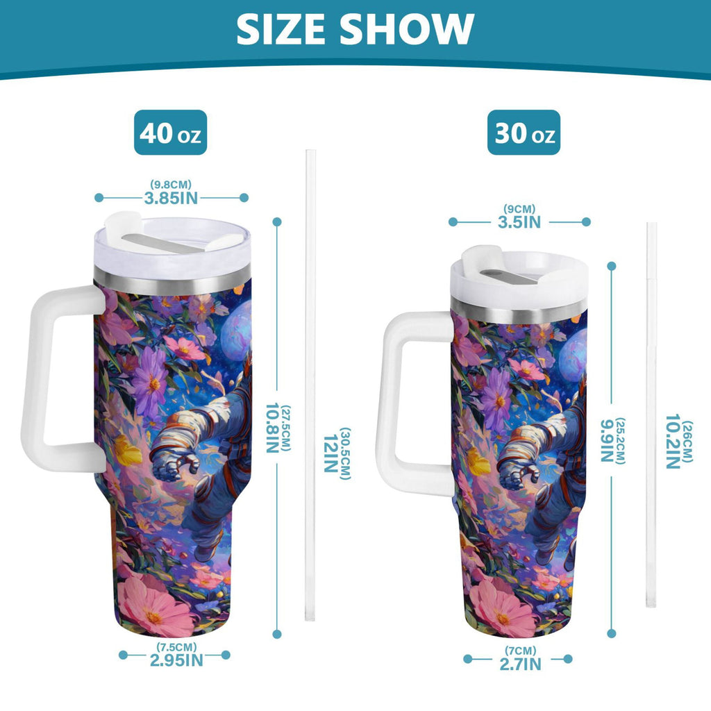 40 oz Insulated Stainless Steel Tumbler Double Wall Stainless Steel Tumbler with 2-Way Drinking Astronaut and Colorful Flowers - Choice 128