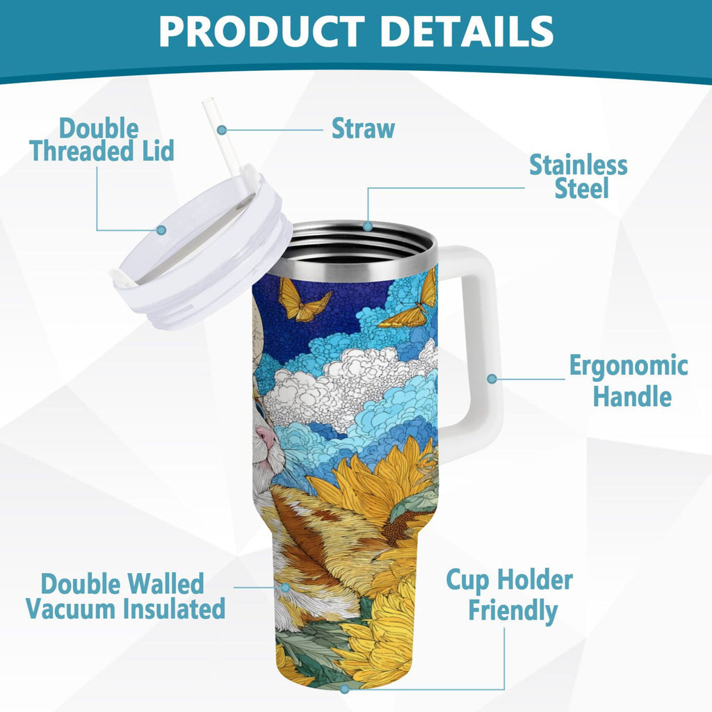 40 oz Insulated Stainless Steel Tumbler Double Wall Stainless Steel Tumbler with 2-Way Drinking Cat Lies in The Sunflowers - Choice 530