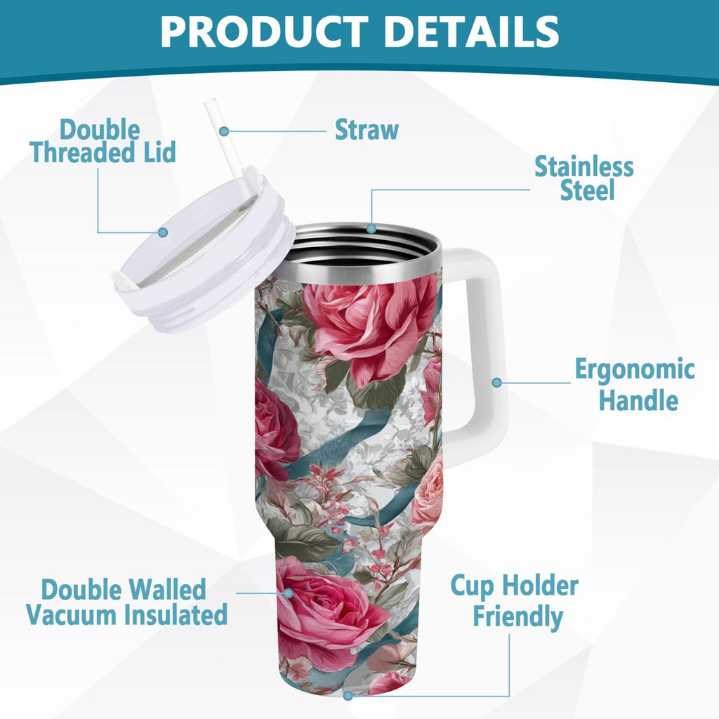 30 oz Insulated Stainless Steel Tumbler Double Wall Stainless Steel Tumbler with 2-Way Drinking Roses and Ribbons - Choice 776