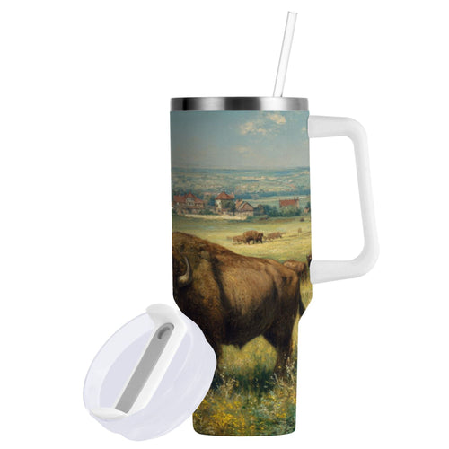 30 oz Insulated Stainless Steel Tumbler Double Wall Stainless Steel Tumbler with 2-Way Drinking Buffalo Herd Oil Painting - Choice 227