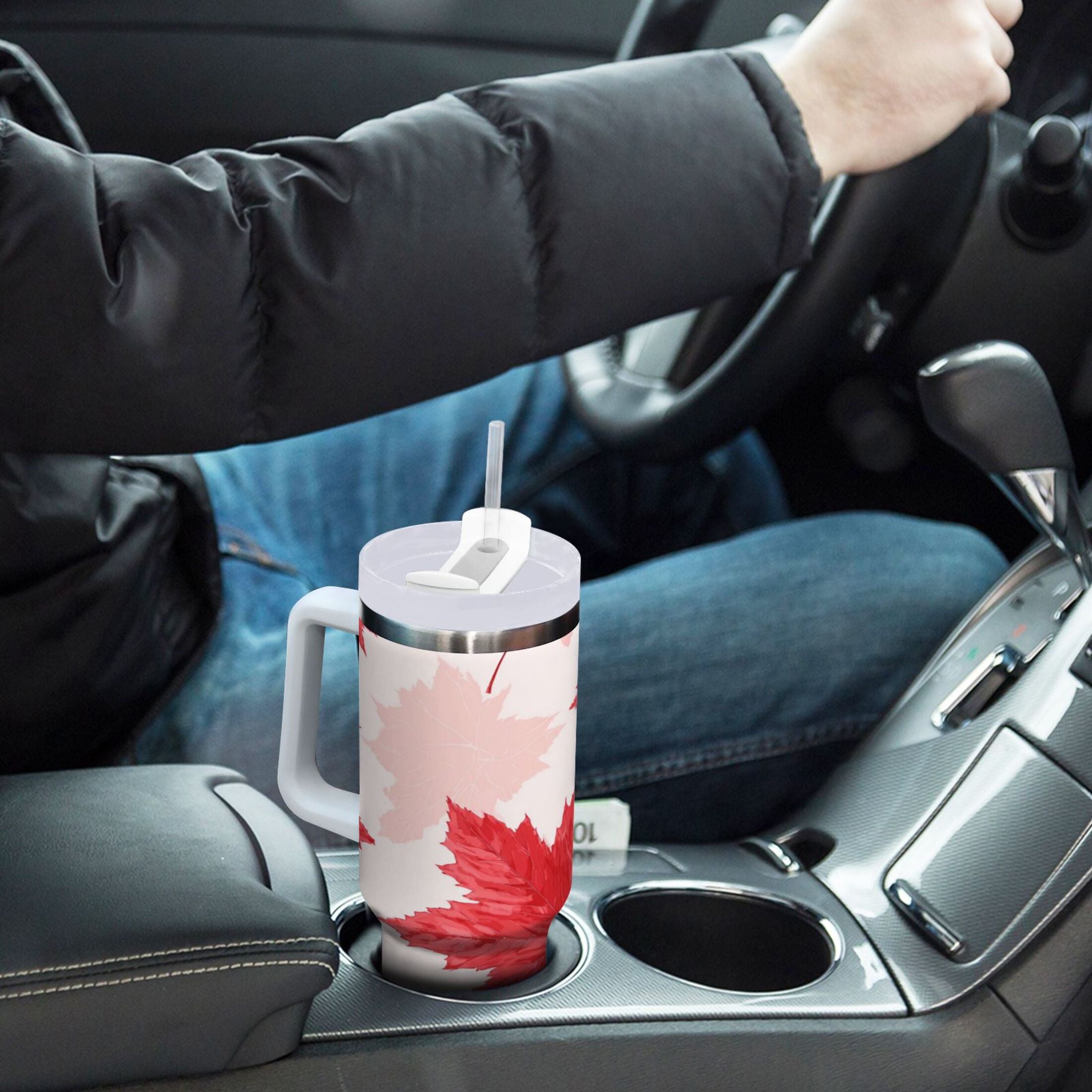 40 oz Insulated Stainless Steel Tumbler Double Wall Stainless Steel Tumbler with 2-Way Drinking Red Maple Leaves Pattern - Choice 446