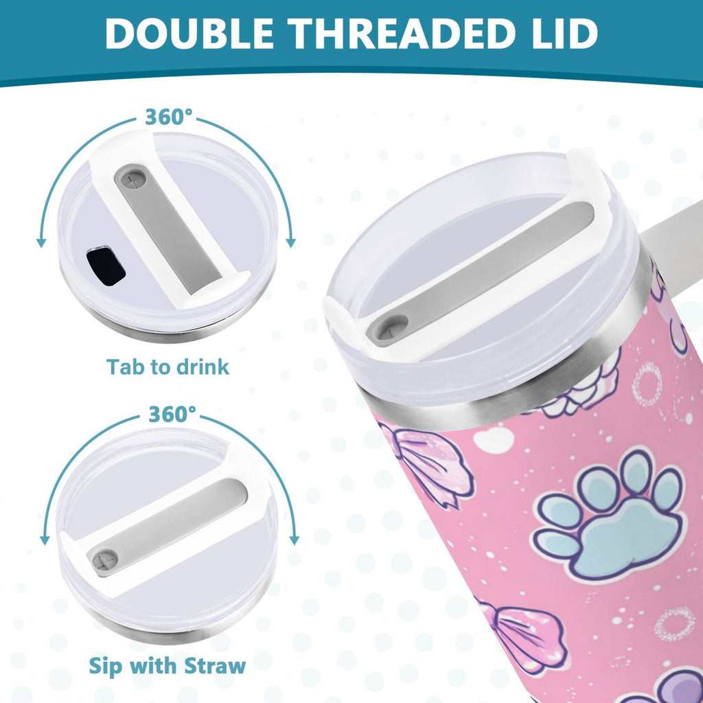 30 oz Insulated Stainless Steel Tumbler Double Wall Stainless Steel Tumbler with 2-Way Drinking Dog Paw Prints and Bows - Choice 116