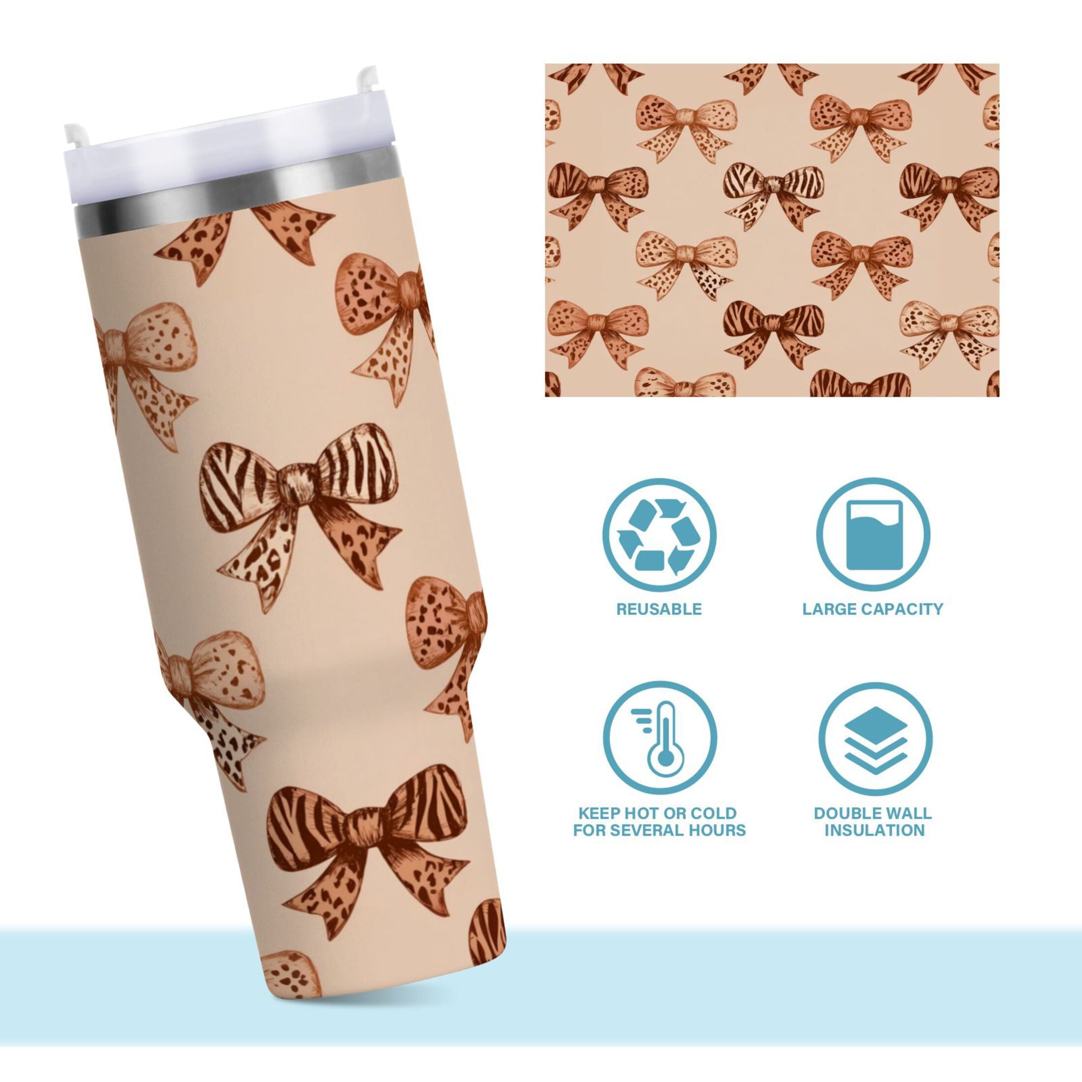 40 oz Insulated Stainless Steel Tumbler Double Wall Stainless Steel Tumbler with 2-Way Drinking Leopard Print Bow - Choice 337