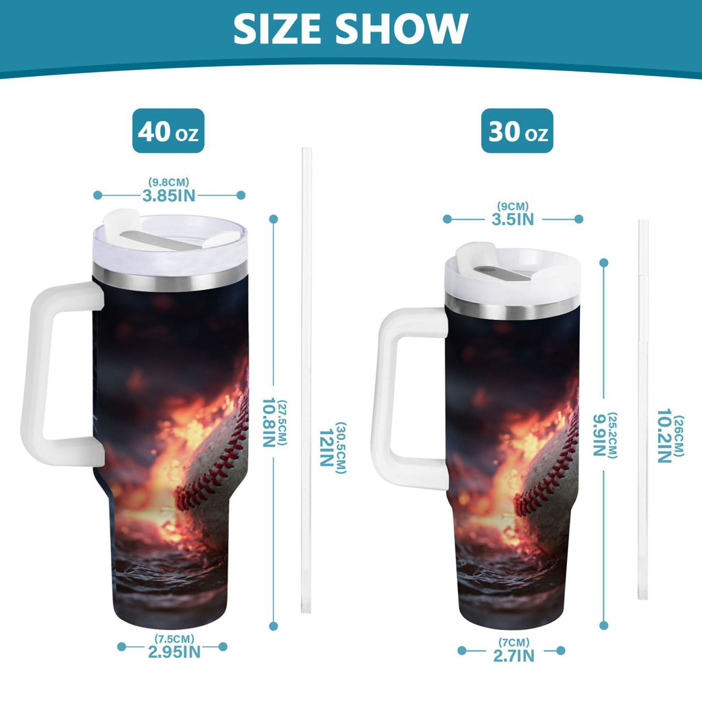 40 oz Insulated Stainless Steel Tumbler Double Wall Stainless Steel Tumbler with 2-Way Drinking Baseball with Water and Fire - Choice 196