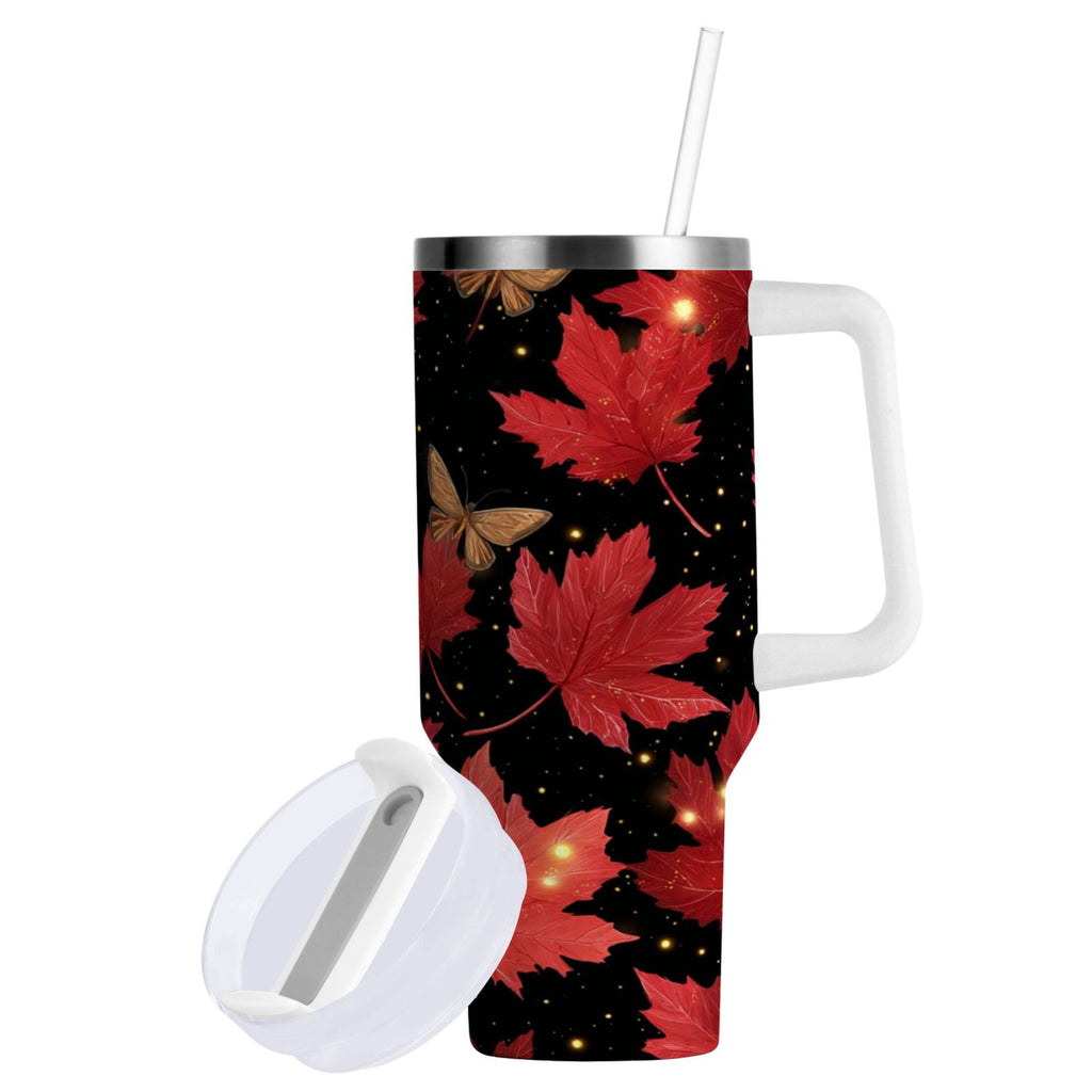 40 oz Insulated Stainless Steel Tumbler Double Wall Stainless Steel Tumbler with 2-Way Drinking Maple Leaves and Fireflies - Choice 258