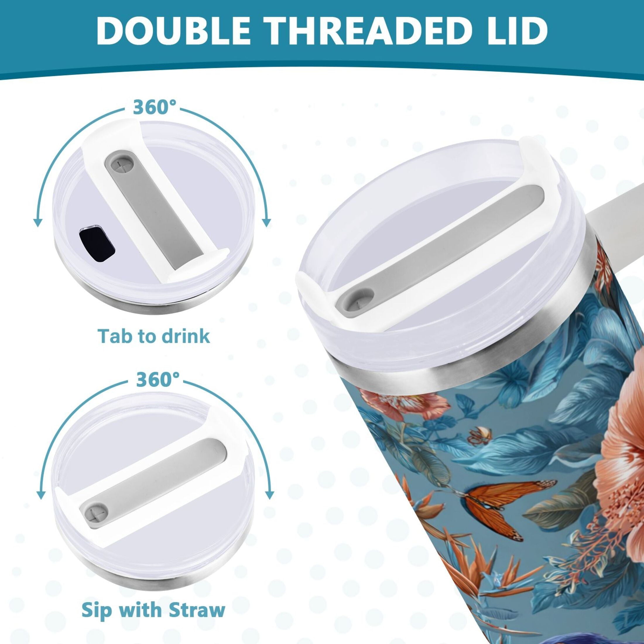 30 oz Insulated Stainless Steel Tumbler Double Wall Stainless Steel Tumbler with 2-Way Drinking Birds and Flowers - Choice 730