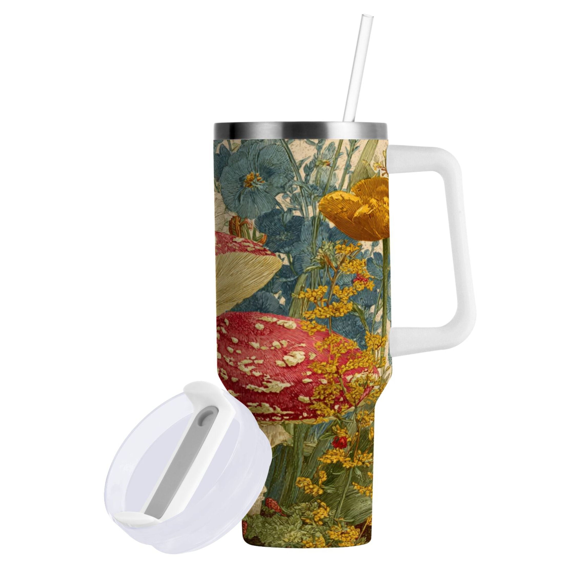 30 oz Insulated Stainless Steel Tumbler Double Wall Stainless Steel Tumbler with 2-Way Drinking Red Mushrooms with Flowers - Choice 404