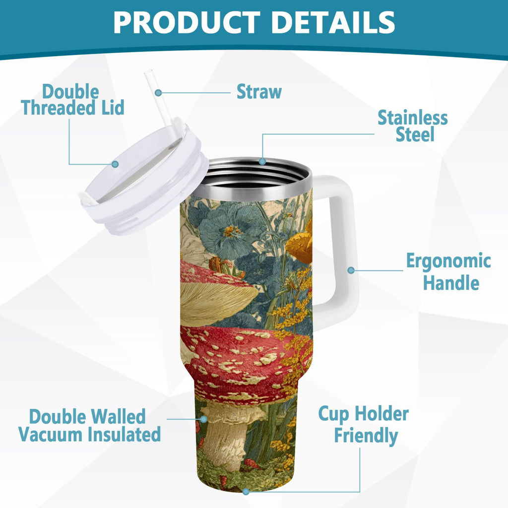 30 oz Insulated Stainless Steel Tumbler Double Wall Stainless Steel Tumbler with 2-Way Drinking Red Mushrooms with Flowers - Choice 404