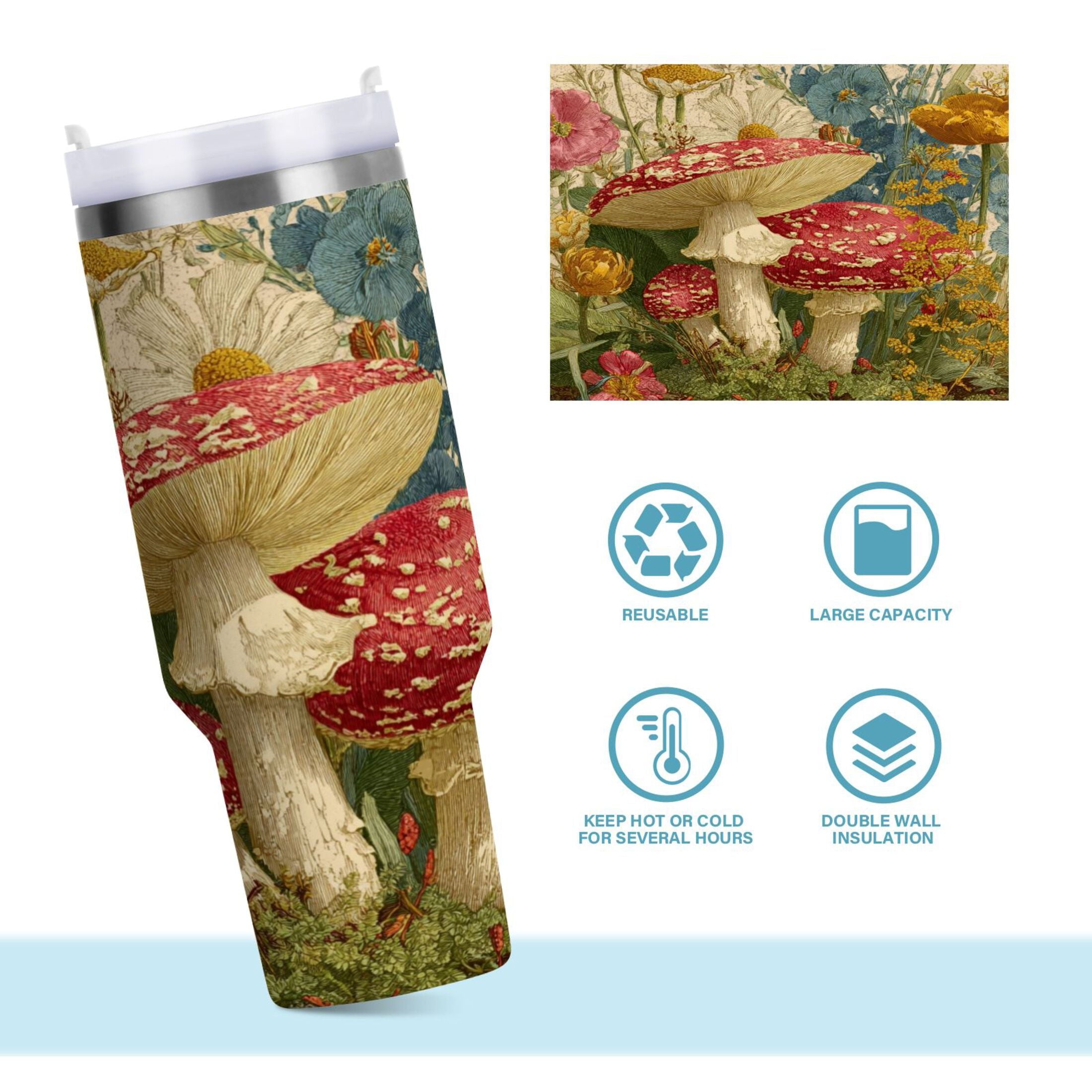 30 oz Insulated Stainless Steel Tumbler Double Wall Stainless Steel Tumbler with 2-Way Drinking Red Mushrooms with Flowers - Choice 404
