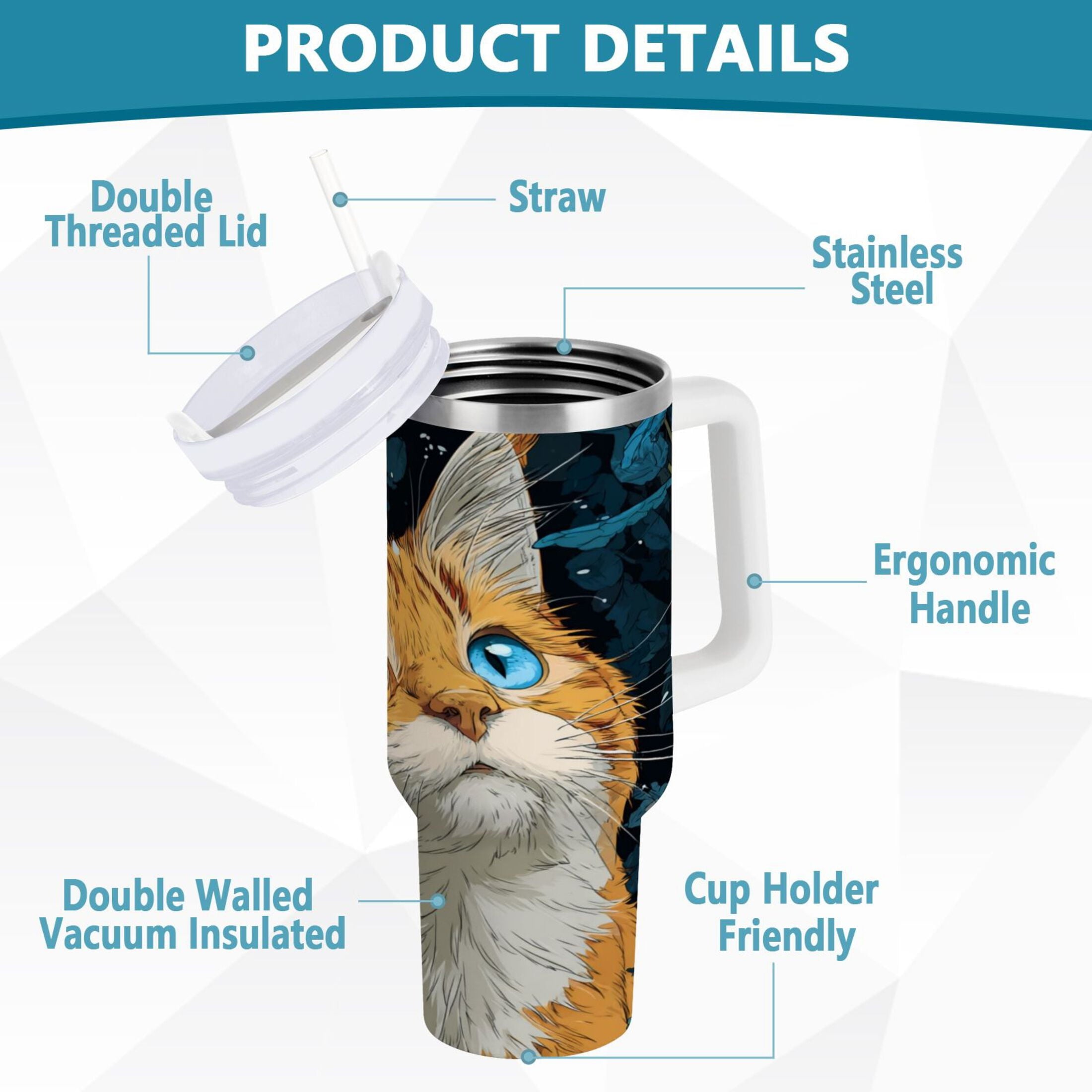 30 oz Insulated Stainless Steel Tumbler Double Wall Stainless Steel Tumbler with 2-Way Drinking Orange Cat with Blue Eyes - Choice 758