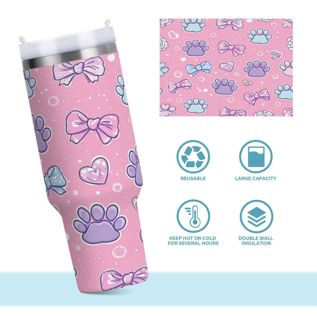 30 oz Insulated Stainless Steel Tumbler Double Wall Stainless Steel Tumbler with 2-Way Drinking Dog Paw Prints and Bows - Choice 116