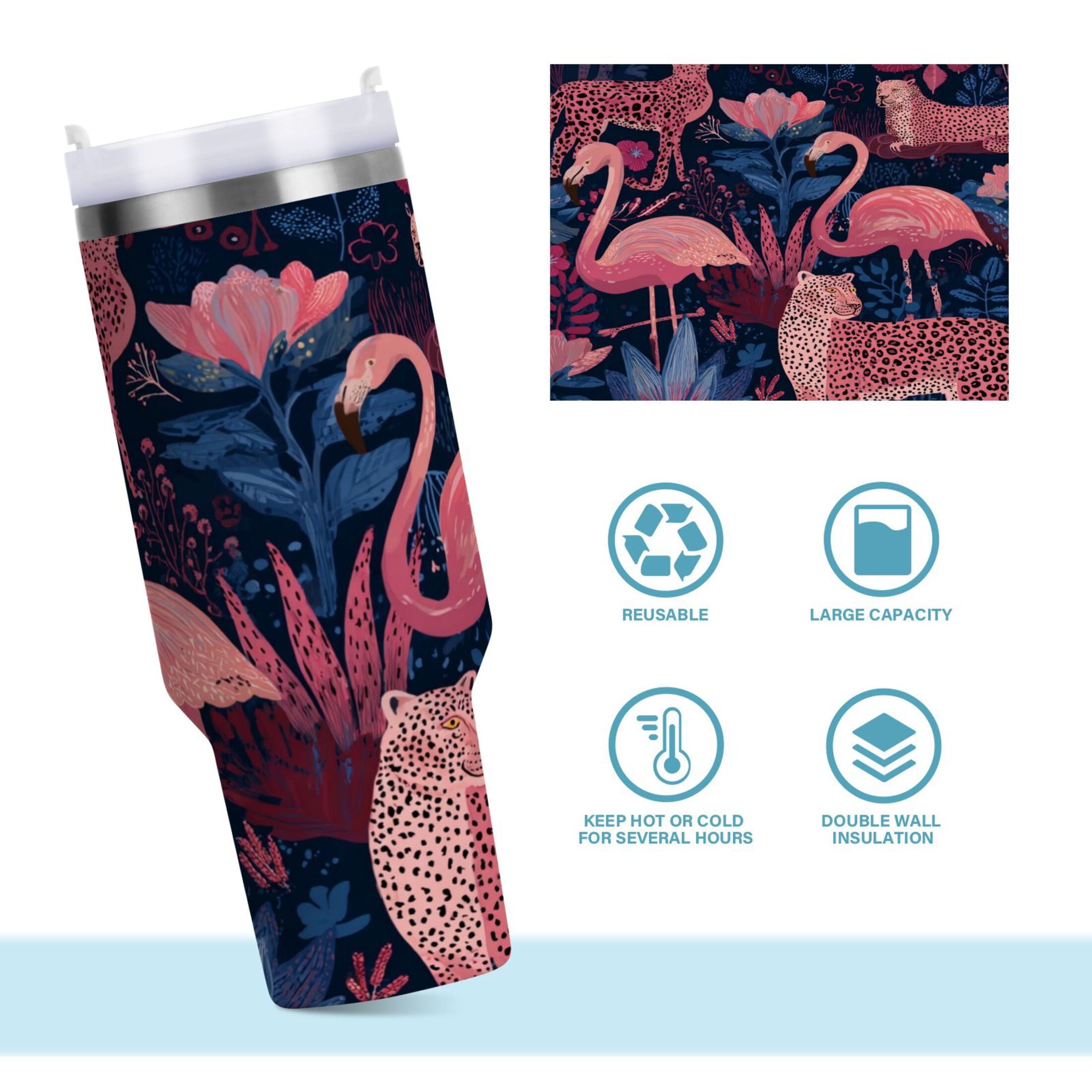 30 oz Insulated Stainless Steel Tumbler Double Wall Stainless Steel Tumbler with 2-Way Drinking Flamingos and Leopard Print - Choice 896