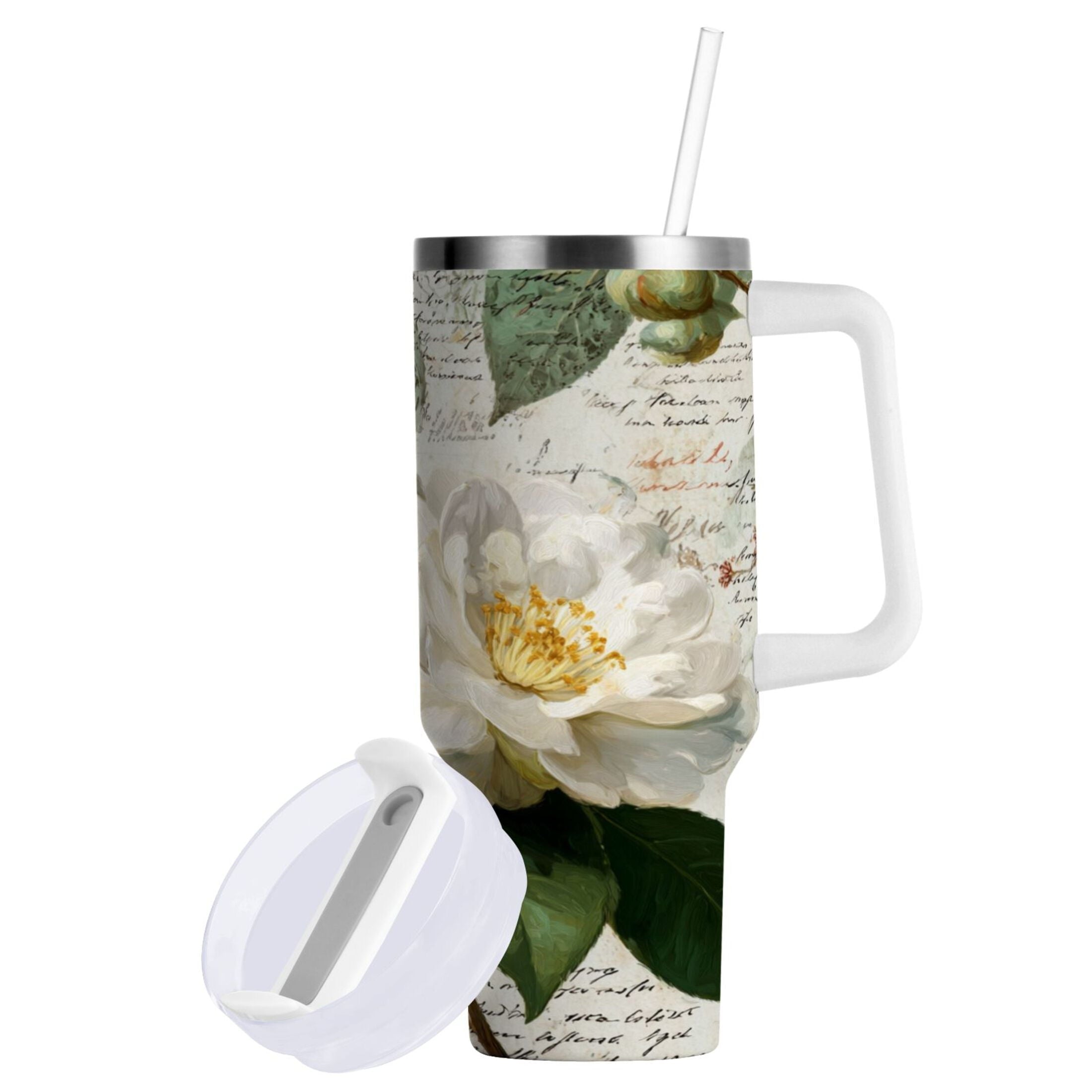 40 oz Insulated Stainless Steel Tumbler Double Wall Stainless Steel Tumbler with 2-Way Drinking Vintage White Camellias - Choice 737