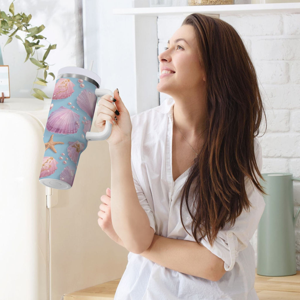 40 oz Insulated Stainless Steel Tumbler Double Wall Stainless Steel Tumbler with 2-Way Drinking Seashells and Pearls Pattern - Choice 178