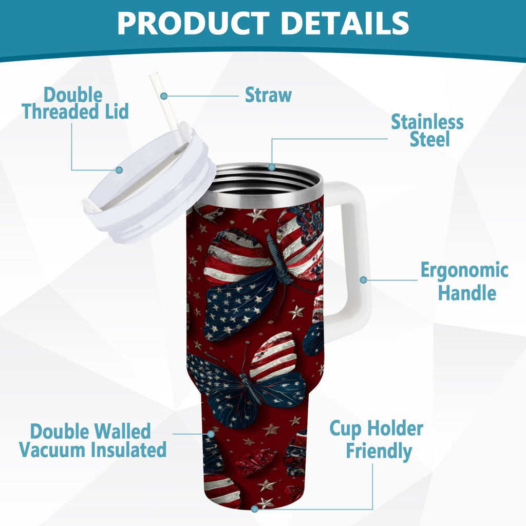 40 oz Insulated Stainless Steel Tumbler Double Wall Stainless Steel Tumbler with 2-Way Drinking Butterfly with National Flag - Choice 167