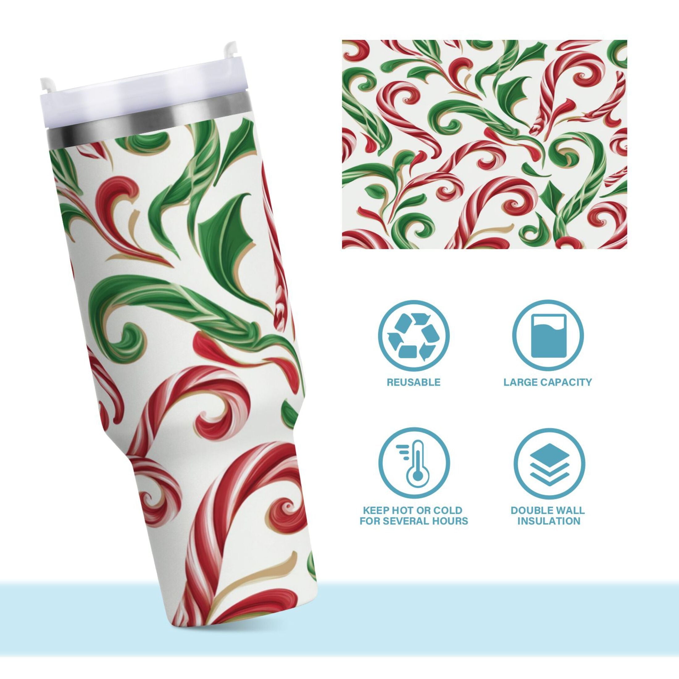 40 oz Insulated Stainless Steel Tumbler Double Wall Stainless Steel Tumbler with 2-Way Drinking Red and Green Candy-cane - Choice 817