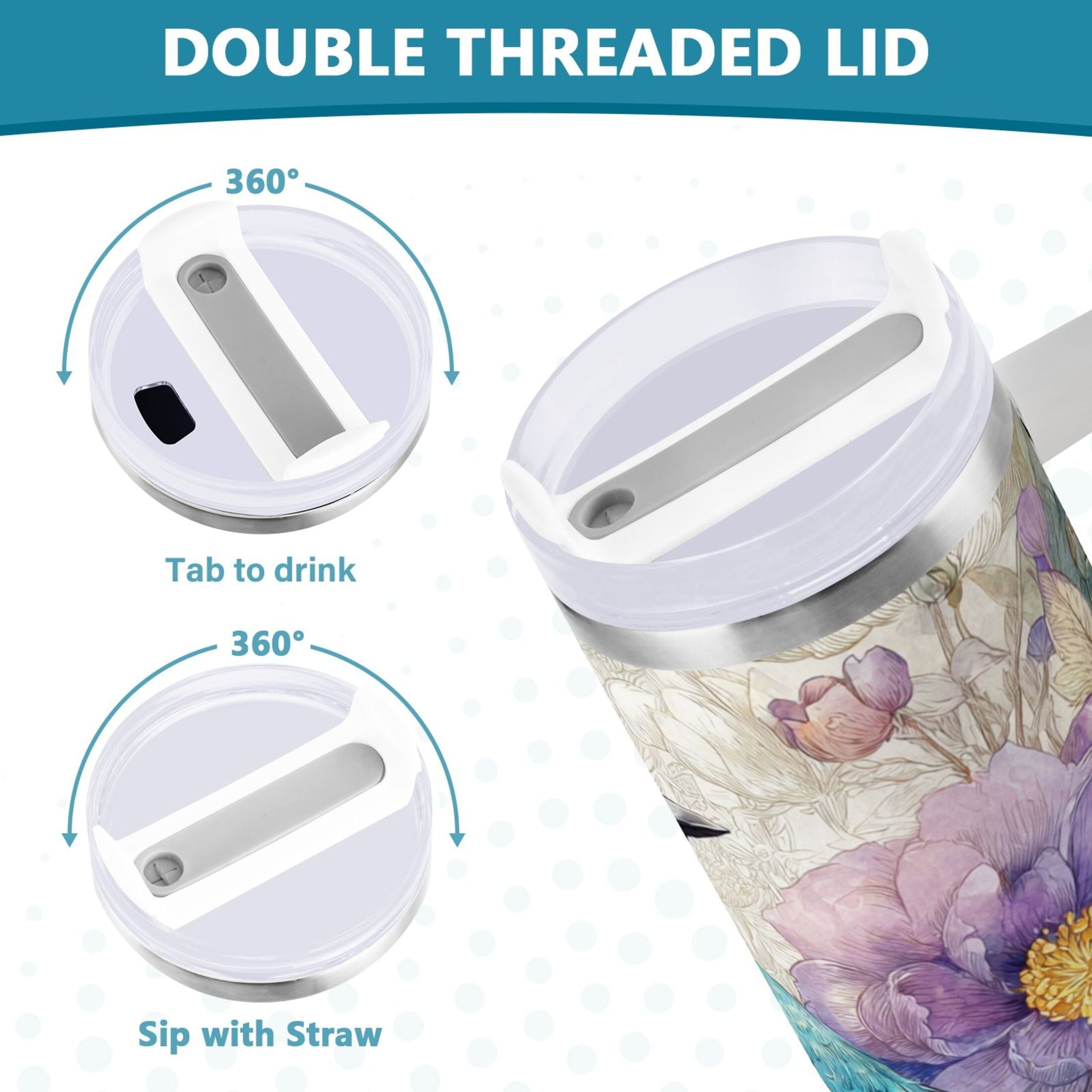 30 oz Insulated Stainless Steel Tumbler Double Wall Stainless Steel Tumbler with 2-Way Drinking Bluebird and Flower - Choice 992