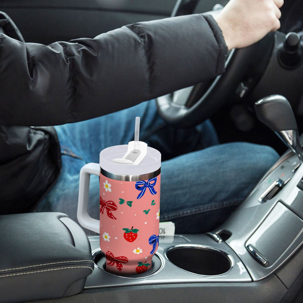 40 oz Insulated Stainless Steel Tumbler Double Wall Stainless Steel Tumbler with 2-Way Drinking Bows and Strawberries Pattern - Choice 232