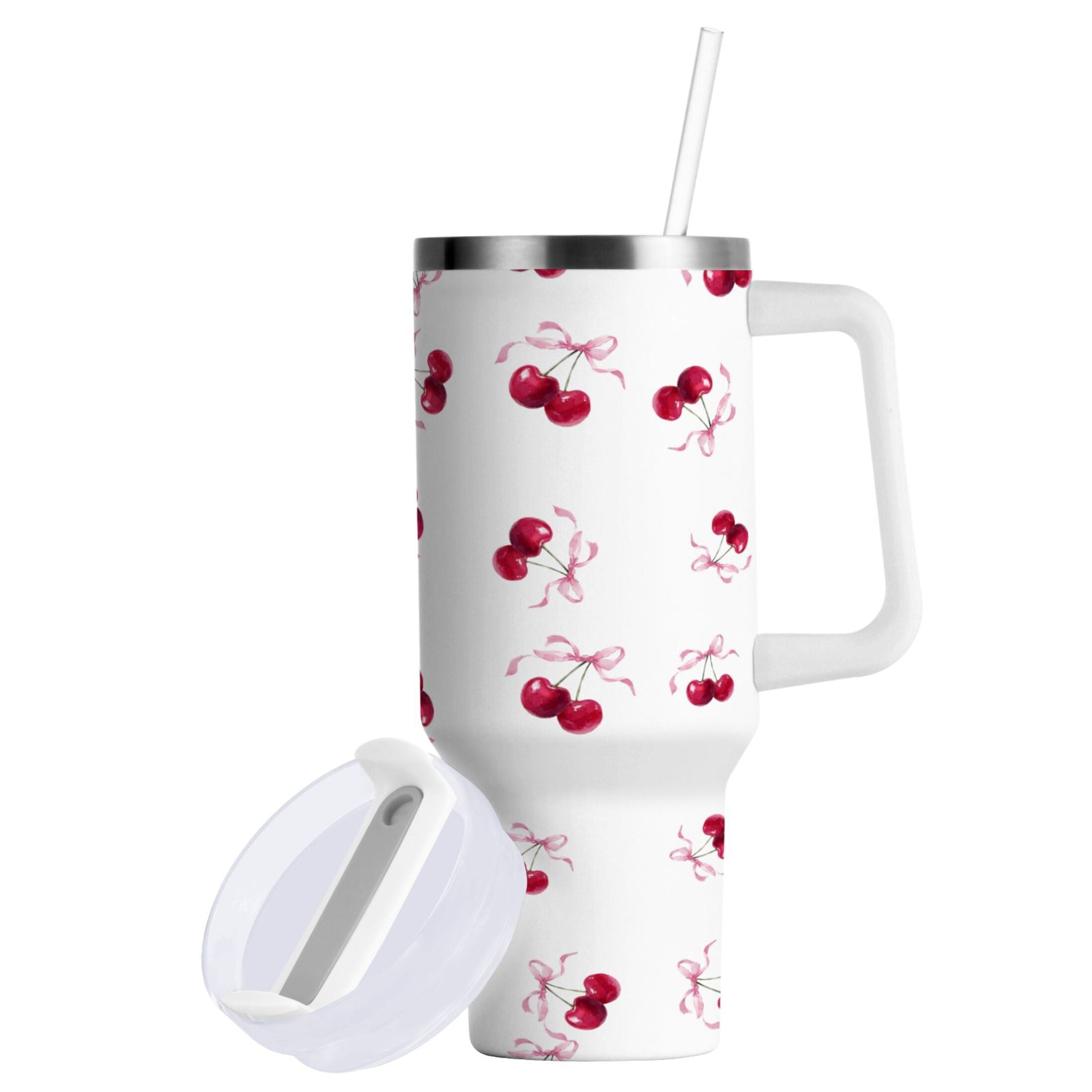 30 oz Insulated Stainless Steel Tumbler Double Wall Stainless Steel Tumbler with 2-Way Drinking Watercolor Cherries Pattern - Choice 345