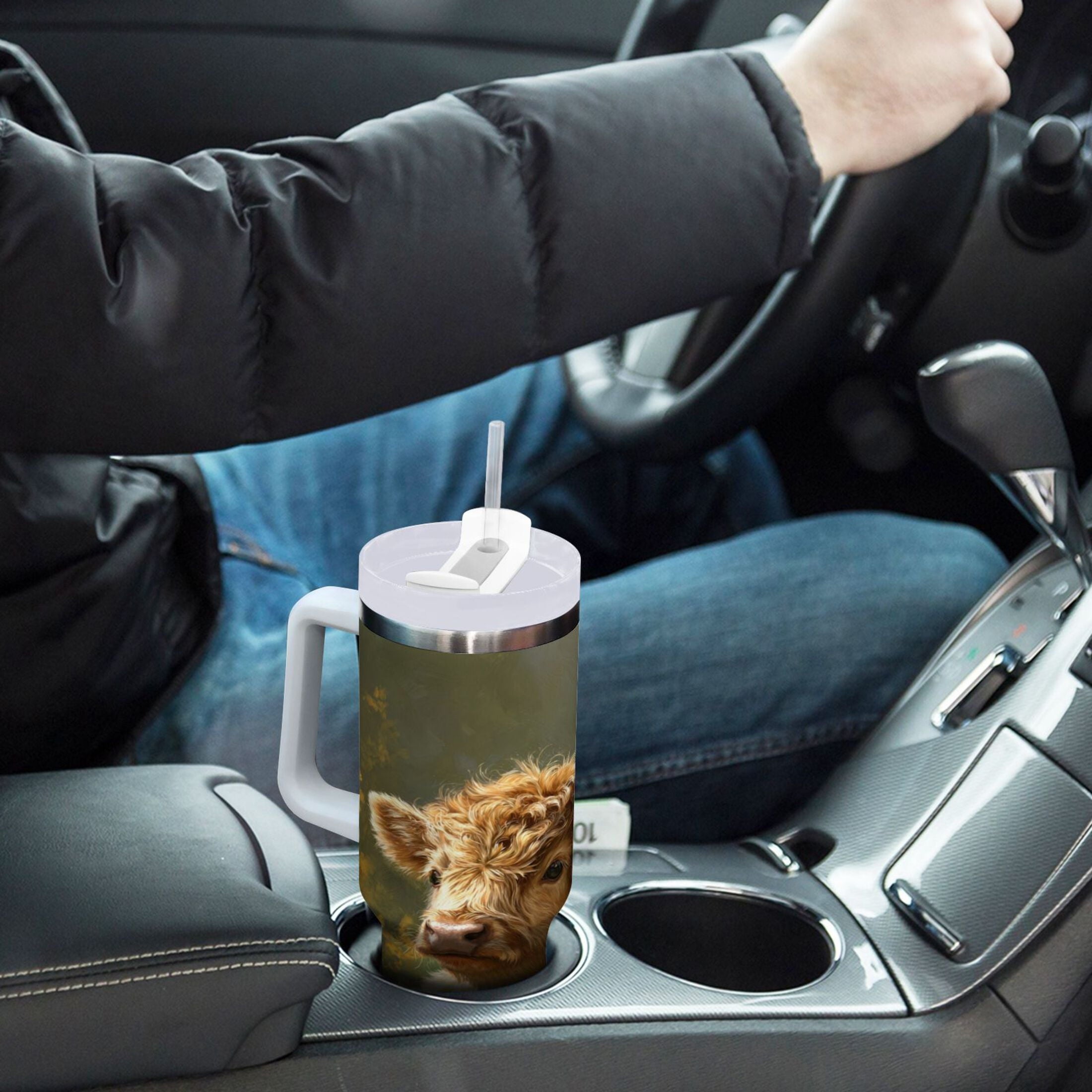40 oz Insulated Stainless Steel Tumbler Double Wall Stainless Steel Tumbler with 2-Way Drinking Cow Lying in Sunflowers - Choice 453