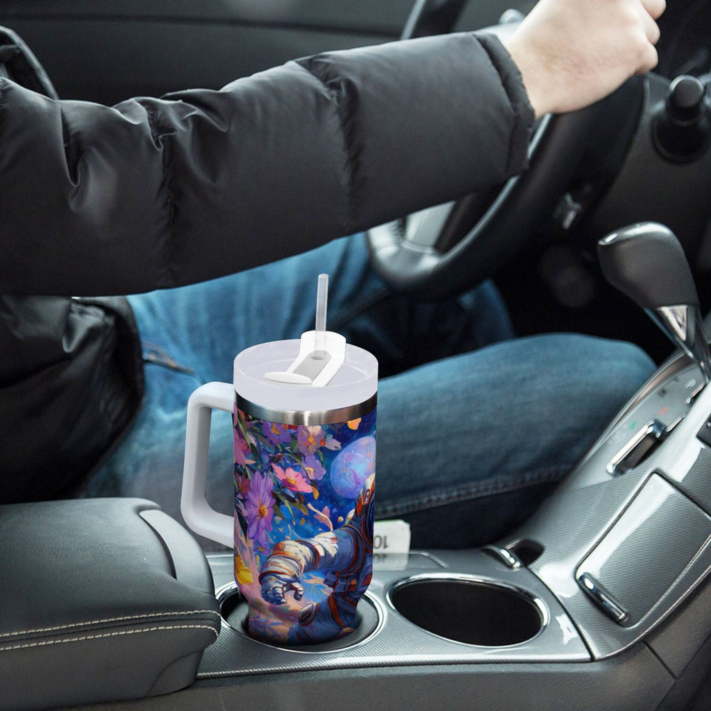 40 oz Insulated Stainless Steel Tumbler Double Wall Stainless Steel Tumbler with 2-Way Drinking Astronaut and Colorful Flowers - Choice 128