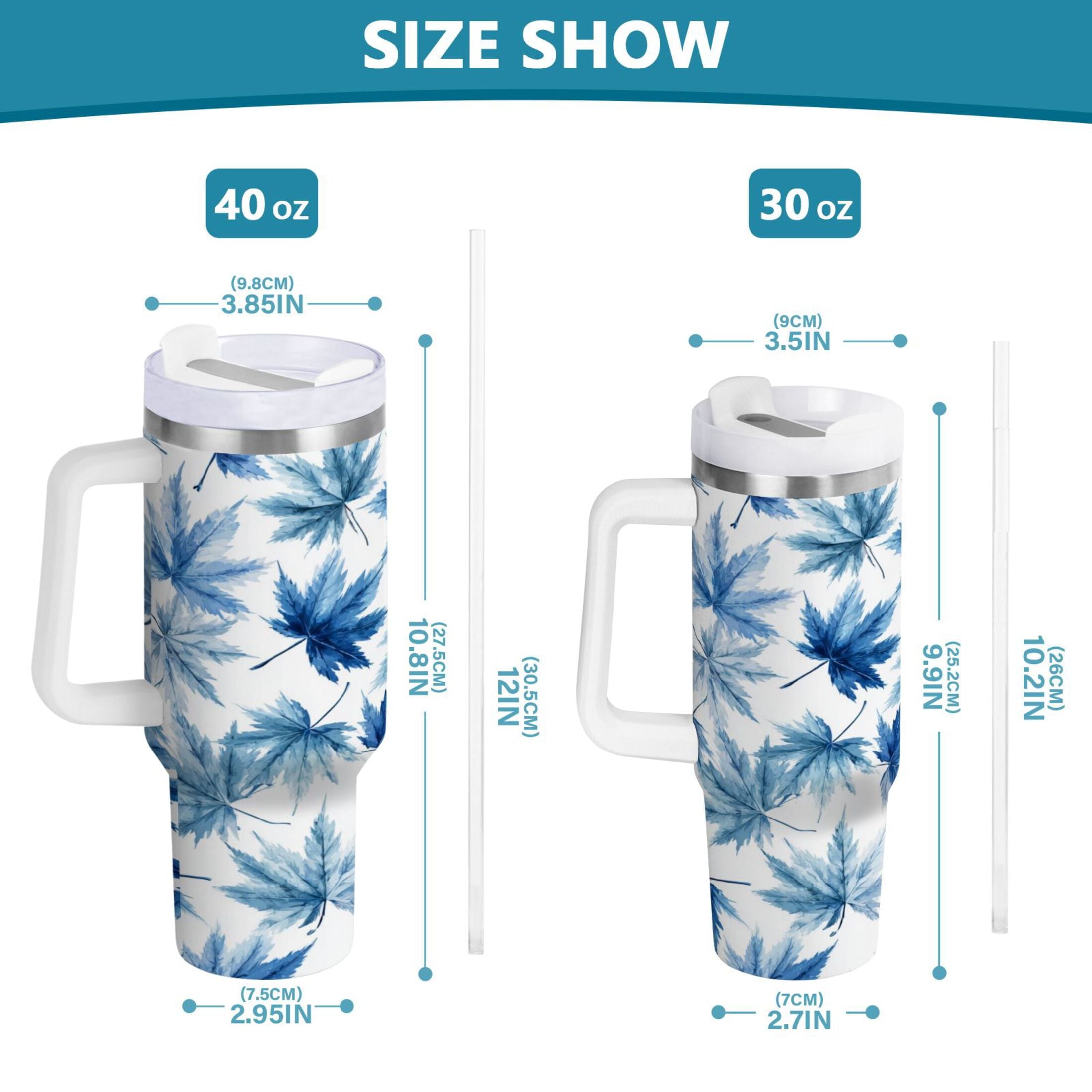 30 oz Insulated Stainless Steel Tumbler Double Wall Stainless Steel Tumbler with 2-Way Drinking Abstract Blue Maple Leaves - Choice 861