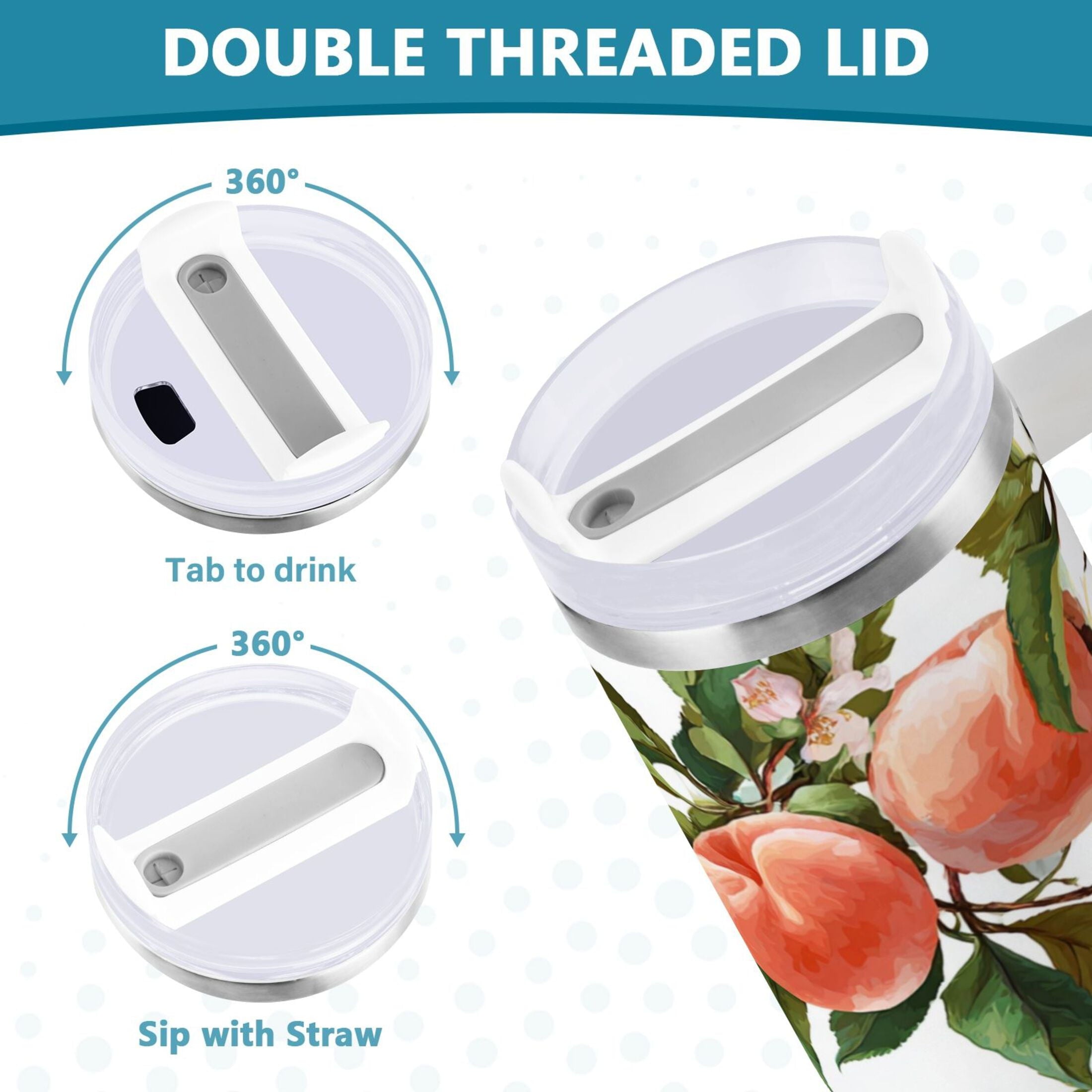 30 oz Insulated Stainless Steel Tumbler Double Wall Stainless Steel Tumbler with 2-Way Drinking Peach Fruit Pattern - Choice 117