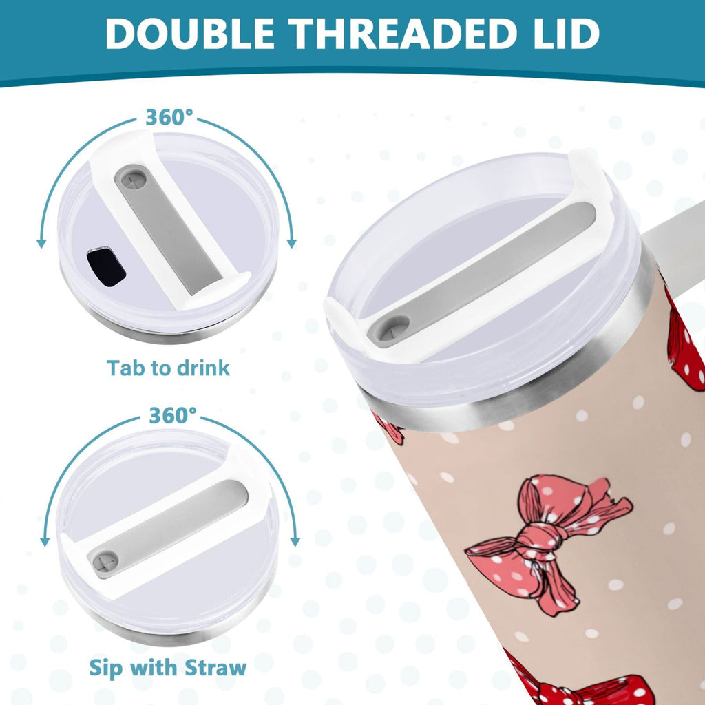 30 oz Insulated Stainless Steel Tumbler Double Wall Stainless Steel Tumbler with 2-Way Drinking Cute Red Bows Pattern - Choice 902