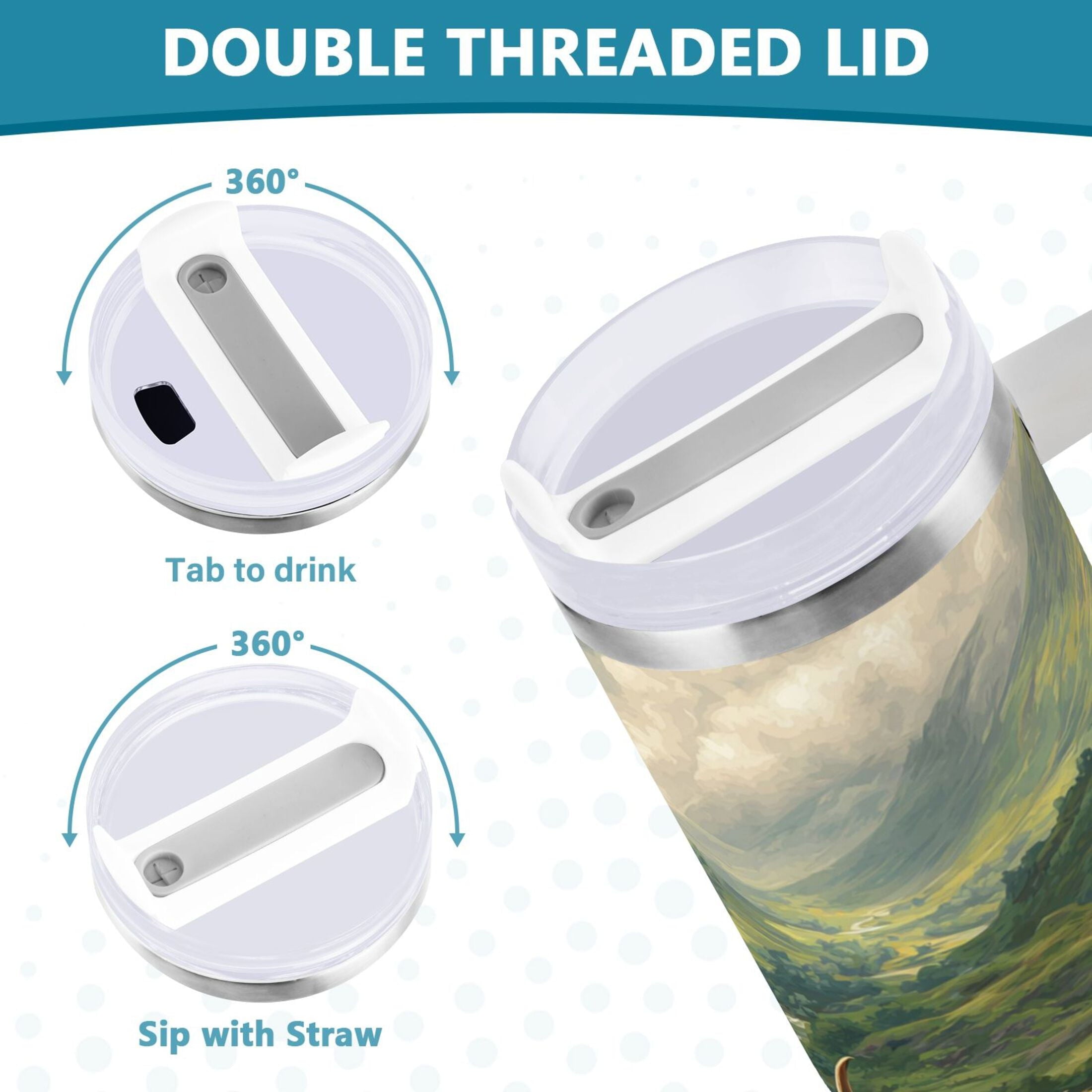 30 oz Insulated Stainless Steel Tumbler Double Wall Stainless Steel Tumbler with 2-Way Drinking Cow in Green Rolling Hills - Choice 267