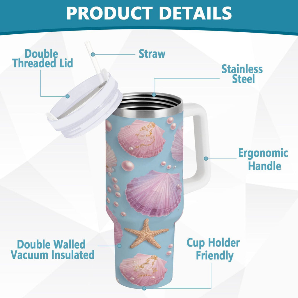 40 oz Insulated Stainless Steel Tumbler Double Wall Stainless Steel Tumbler with 2-Way Drinking Seashells and Pearls Pattern - Choice 178