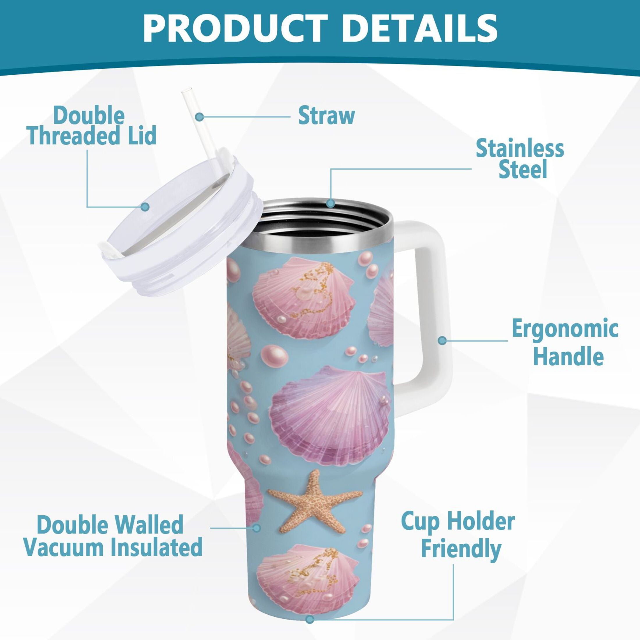 40 oz Insulated Stainless Steel Tumbler Double Wall Stainless Steel Tumbler with 2-Way Drinking Seashells and Pearls Pattern - Choice 178