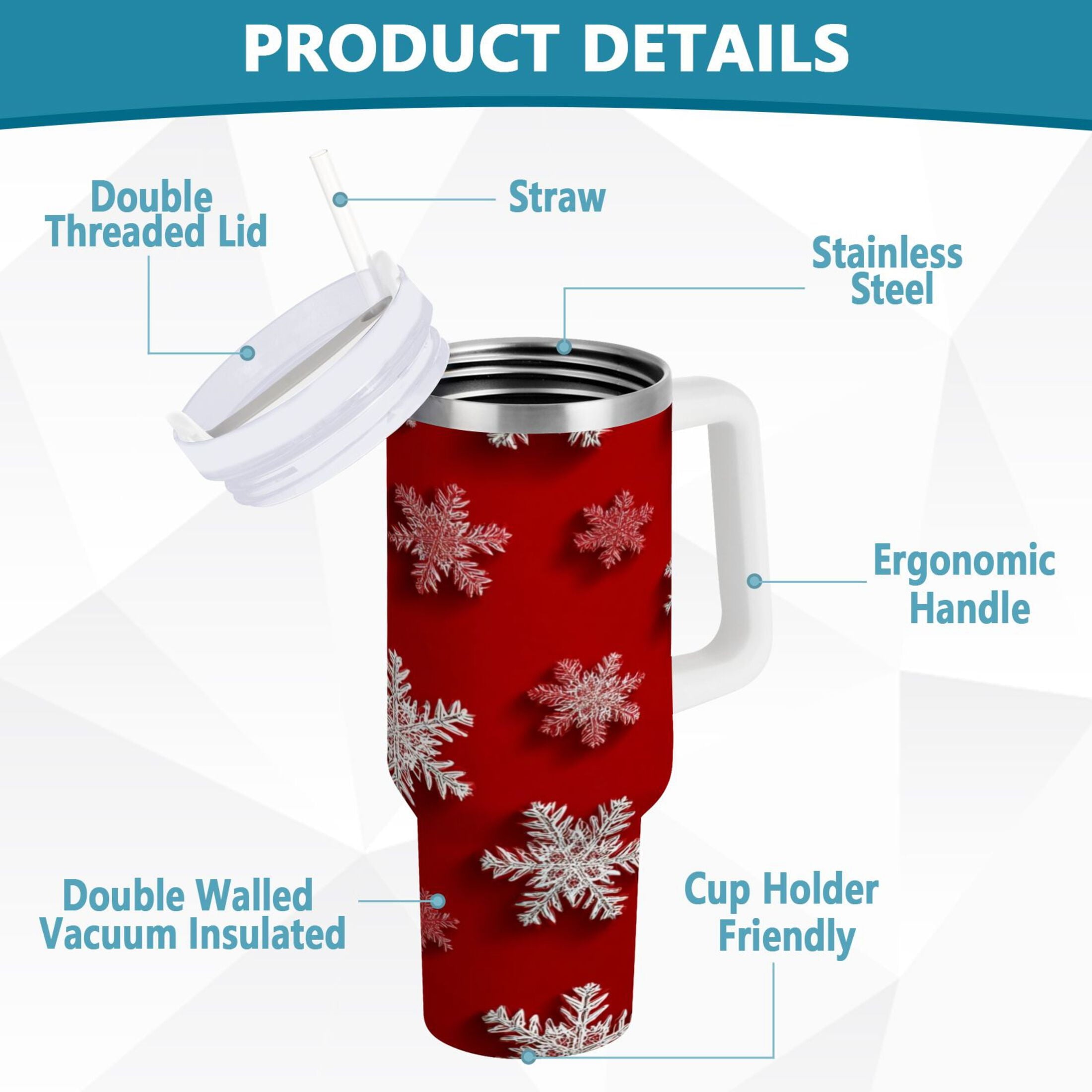30 oz Insulated Stainless Steel Tumbler Double Wall Stainless Steel Tumbler with 2-Way Drinking Red and White Snowflakes - Choice 949