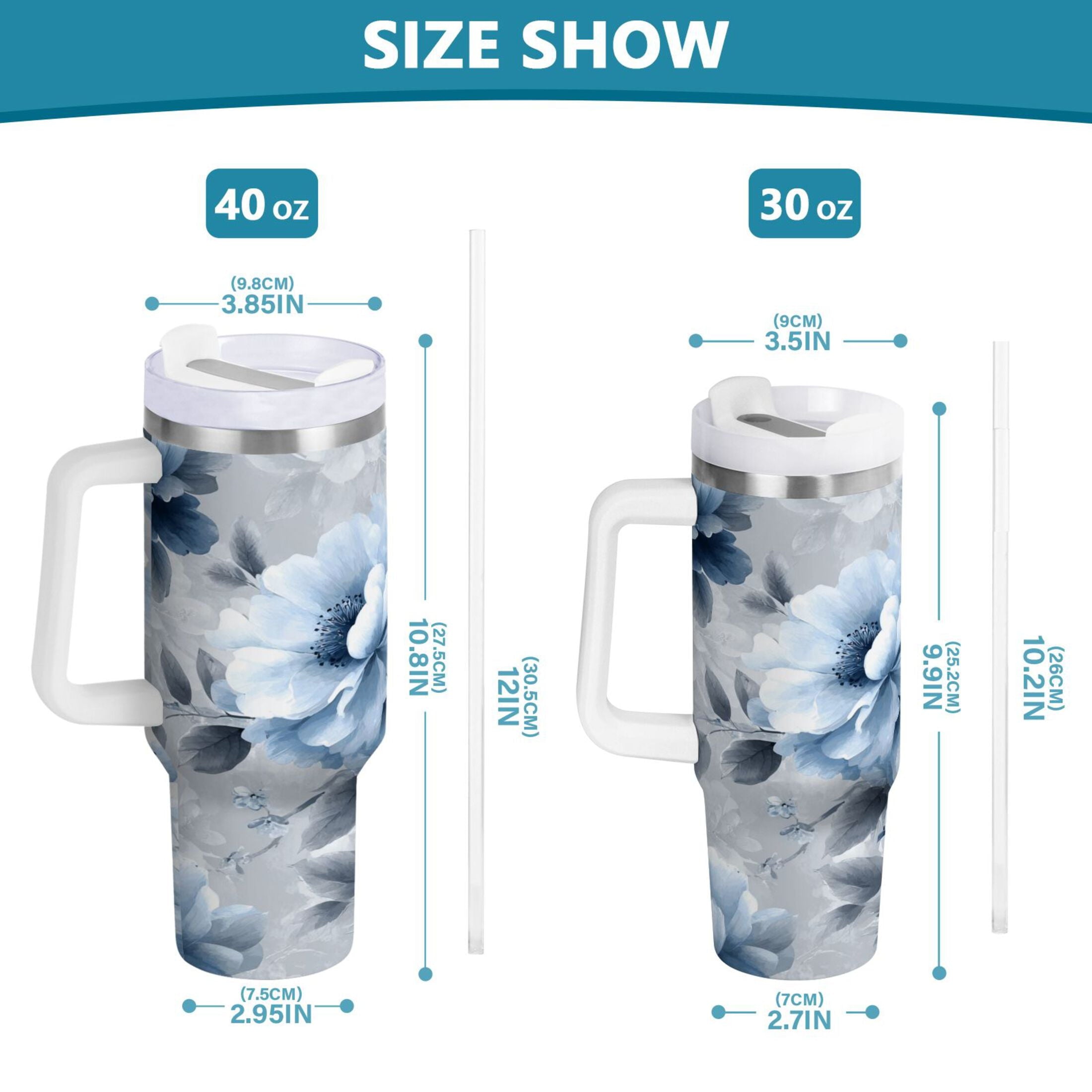 40 oz Insulated Stainless Steel Tumbler Double Wall Stainless Steel Tumbler with 2-Way Drinking White Floral Pattern - Choice 733