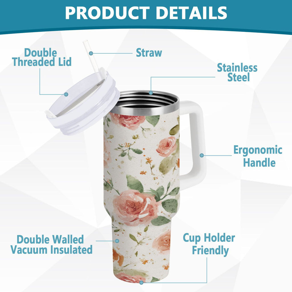 40 oz Insulated Stainless Steel Tumbler Double Wall Stainless Steel Tumbler with 2-Way Drinking Watercolor Rose Floral Pattern - Choice 233