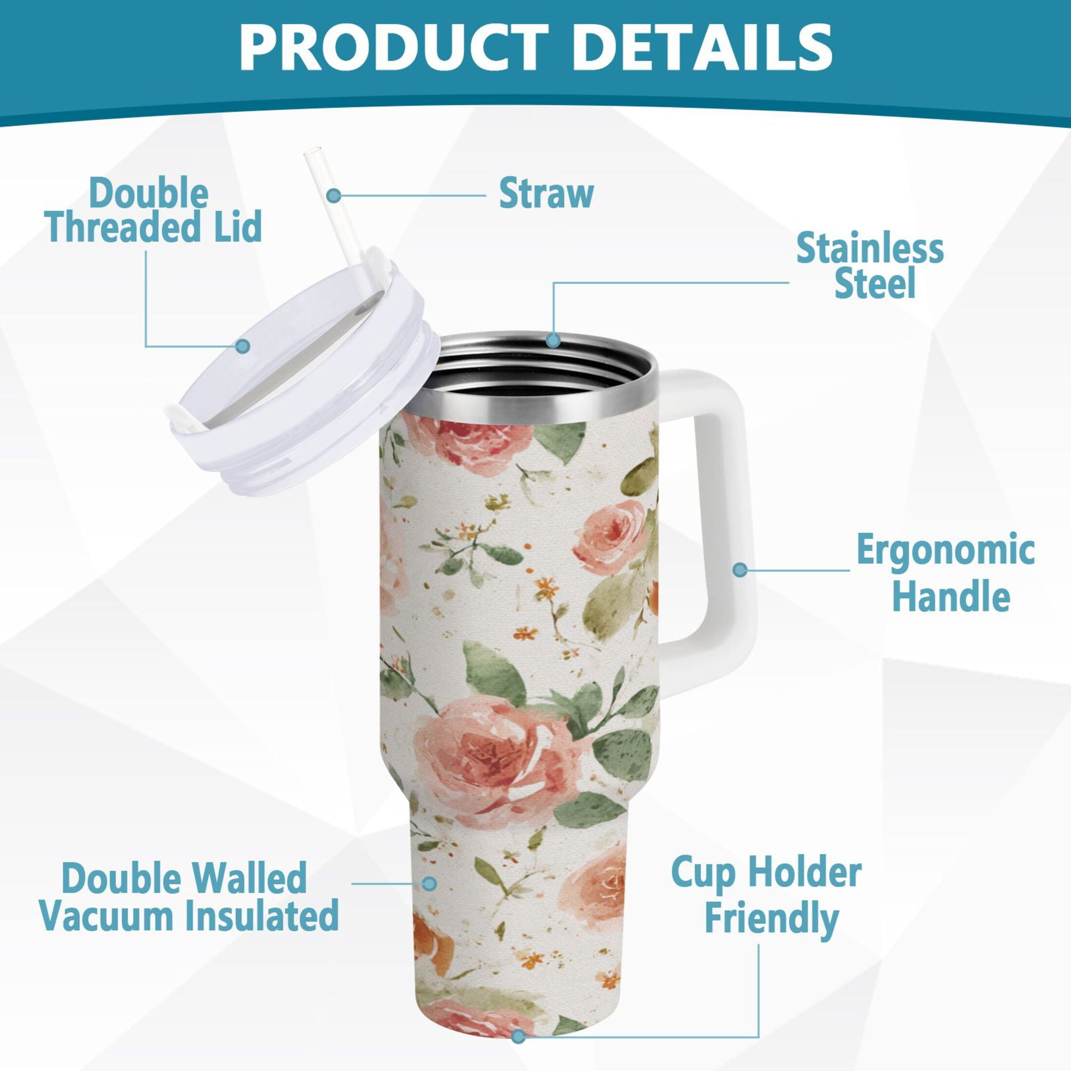 40 oz Insulated Stainless Steel Tumbler Double Wall Stainless Steel Tumbler with 2-Way Drinking Watercolor Rose Floral Pattern - Choice 233